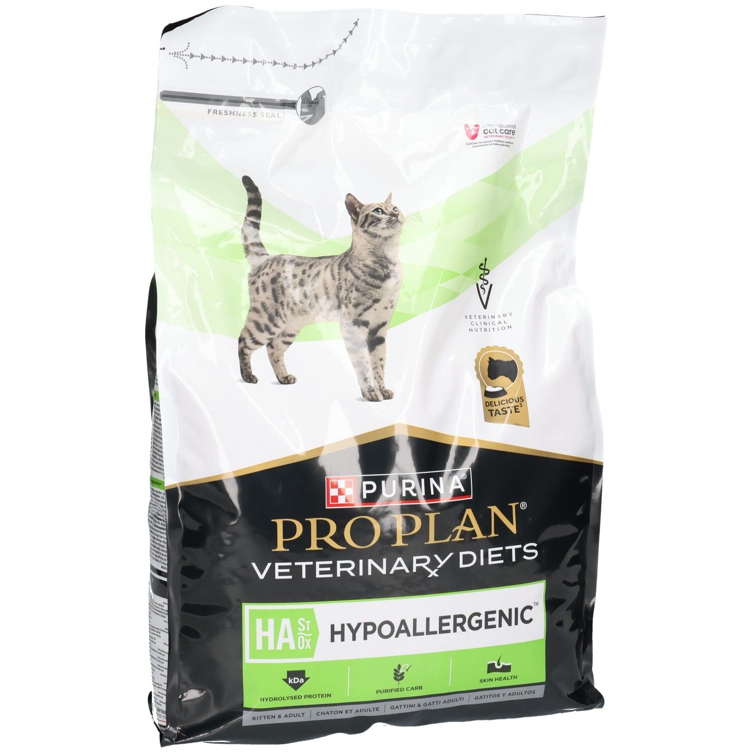 Zak Purina Pro Plan Veterinary Diets HA Hypoallergenic kattenvoer met kat en zegels.