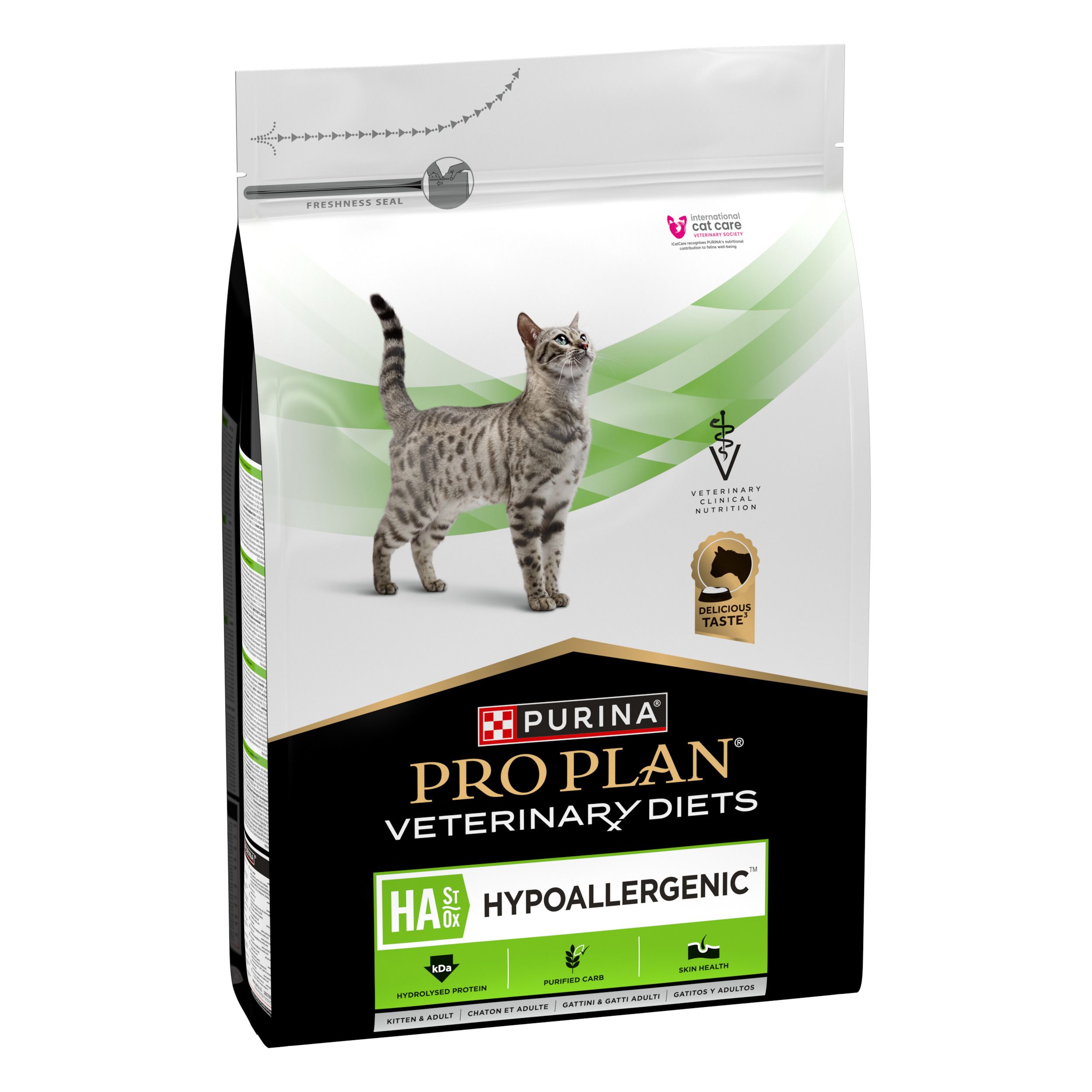 Zak kattenvoer. Opschrift: PRO PLAN VETERINARY DIETS HA HYPOALLERGENIC. Afbeelding van een kat.