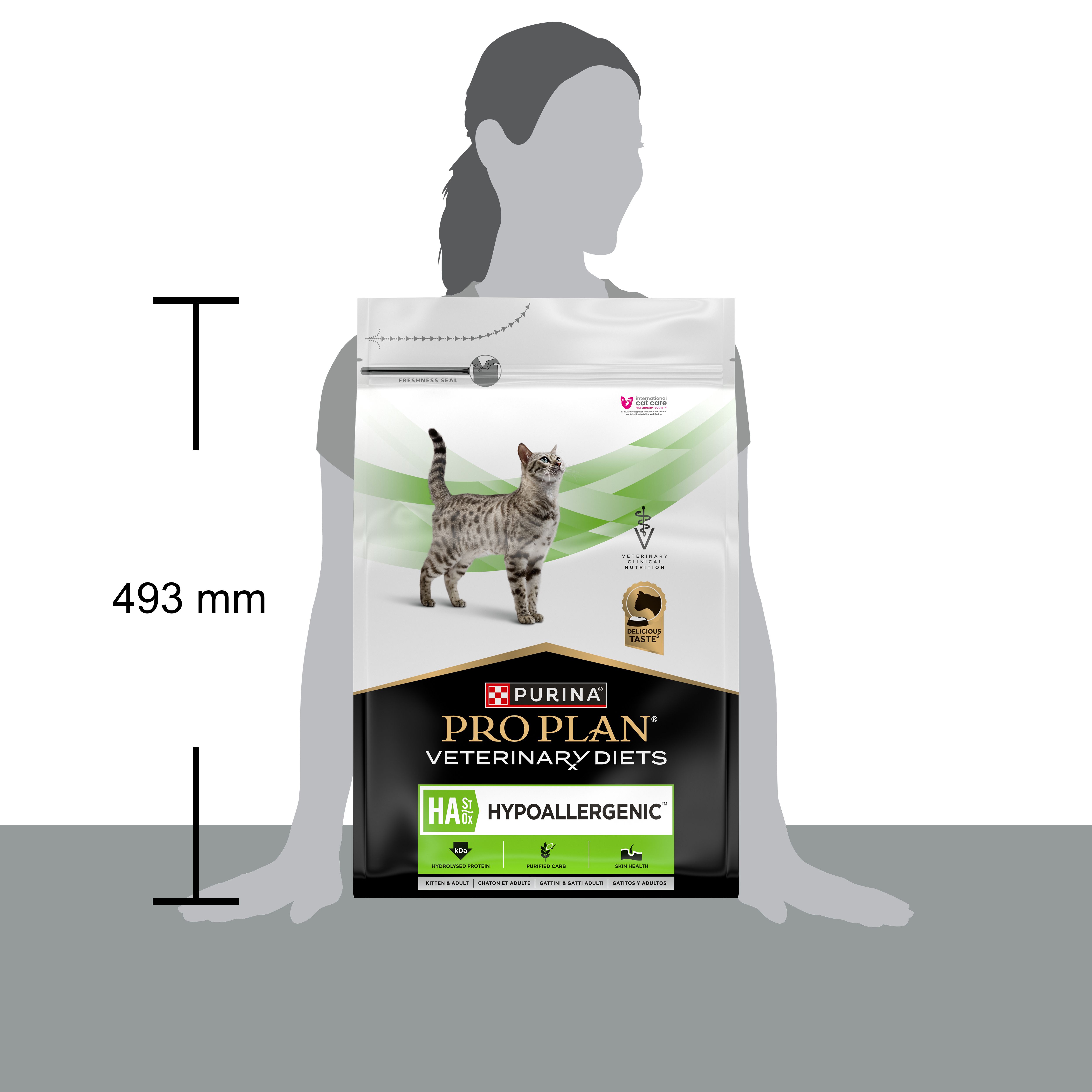 Kattenvoerzak, hoogte 493 mm. Persoon ter vergelijking. Opschrift: PRO PLAN VETERINARY DIETS.