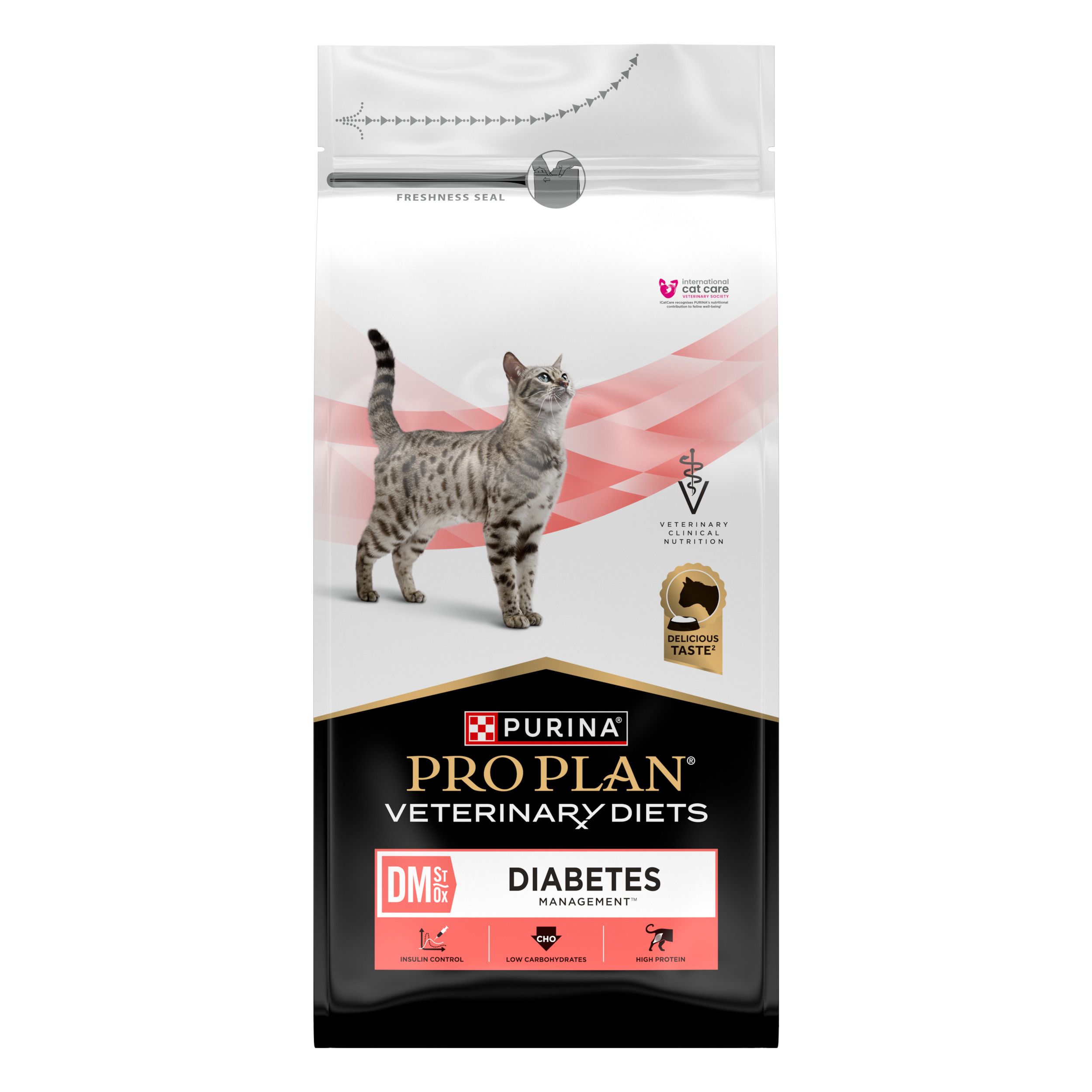 Pro Plan Veterinary Diets Feline DM Diabetes Management kattenvoer. Zwart, wit en rood design met kat afgebeeld.