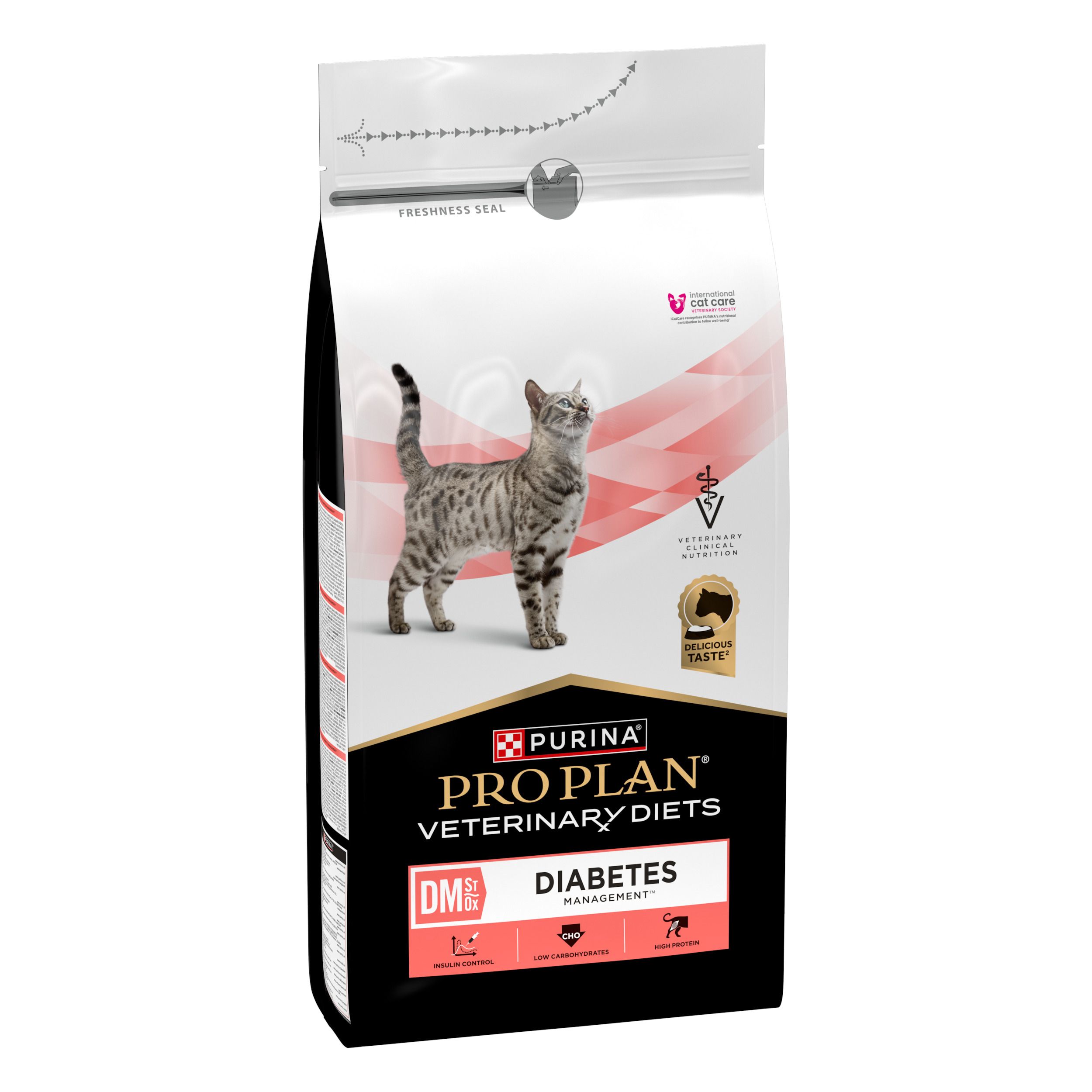 Sac de nourriture pour chats Pro Plan Veterinary Diets Feline DM Diabetes Management. Design noir, blanc et rouge.