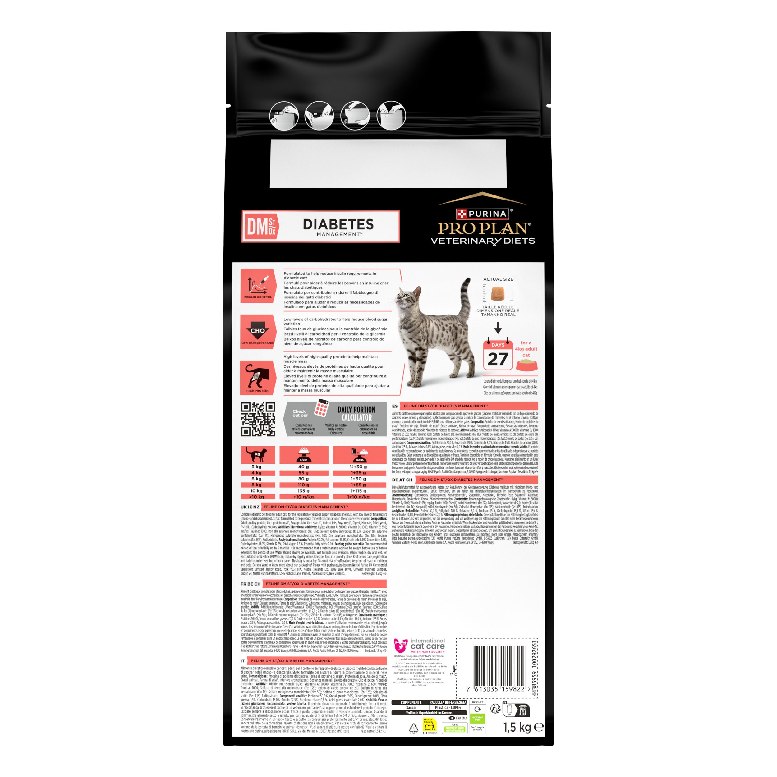 Sac de nourriture pour chats Pro Plan Veterinary Diets Feline DM Diabetes Management. Design noir, blanc et rouge.