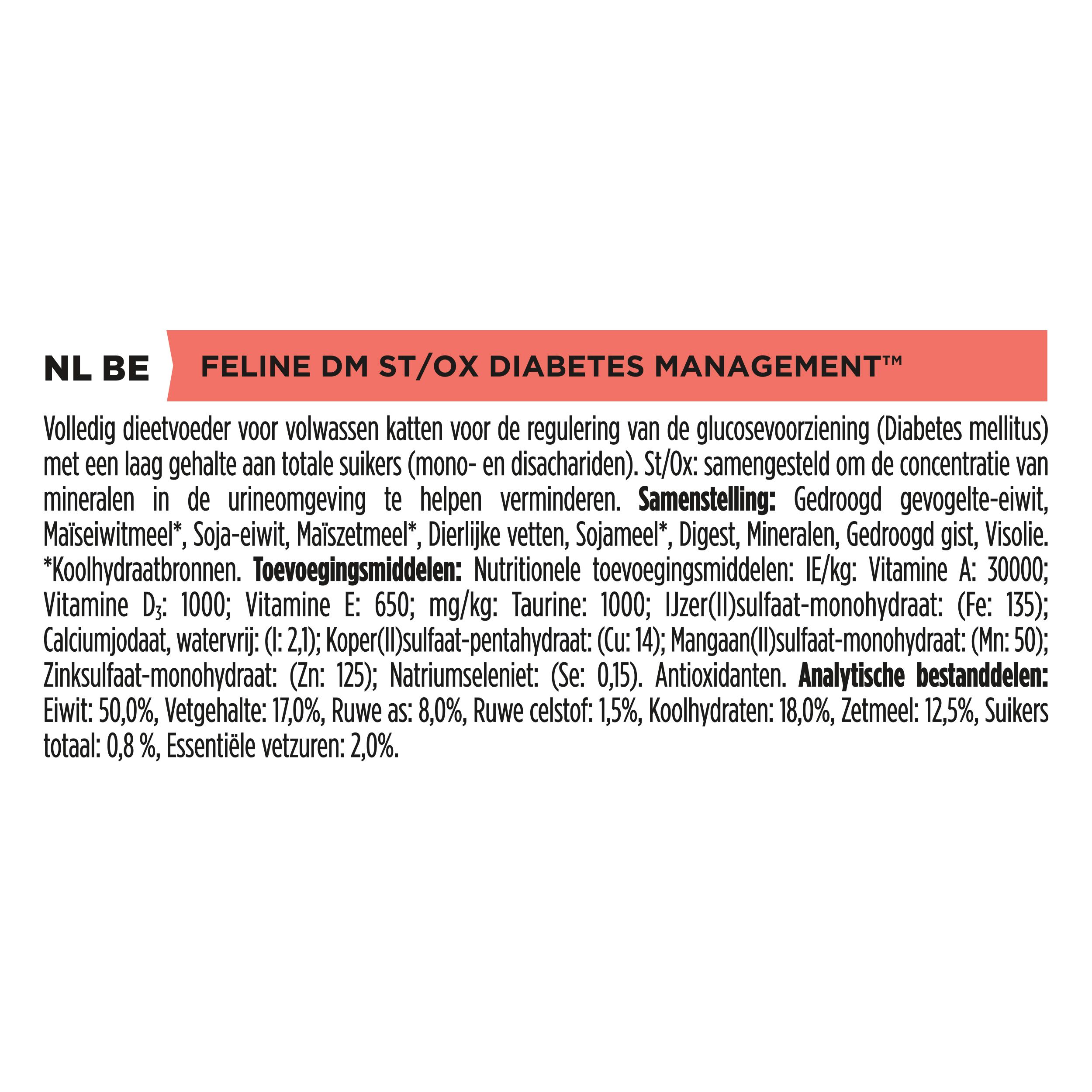 Samenstelling van Pro Plan Veterinary Diets Feline DM Diabetes Management. Tekst.