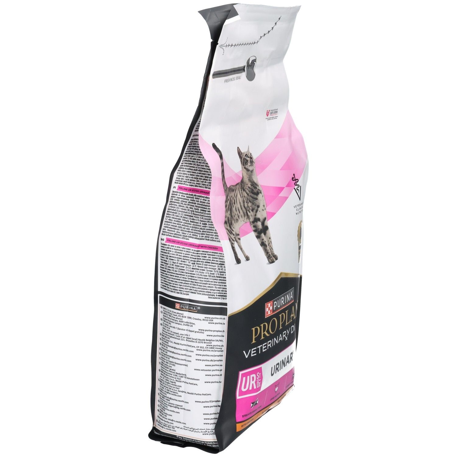 Zijaanzicht van de kattenvoerzak. Merk: Purina Pro Plan Veterinary Diets. Opschrift: UR Urinary.