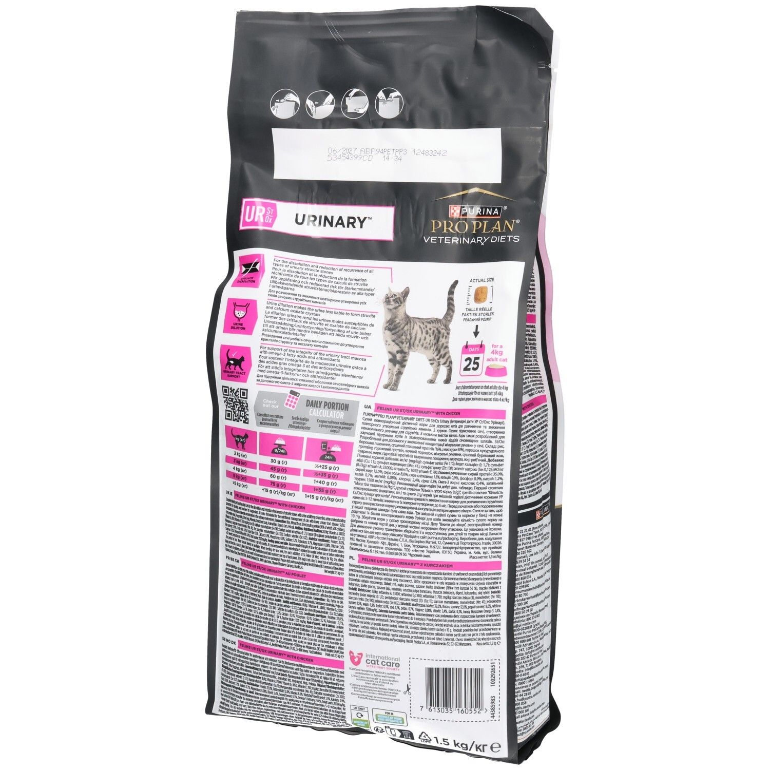 Achterkant van de kattenvoerzak. Merk: Purina Pro Plan Veterinary Diets. Opschrift: UR Urinary. Tekst en afbeeldingen.