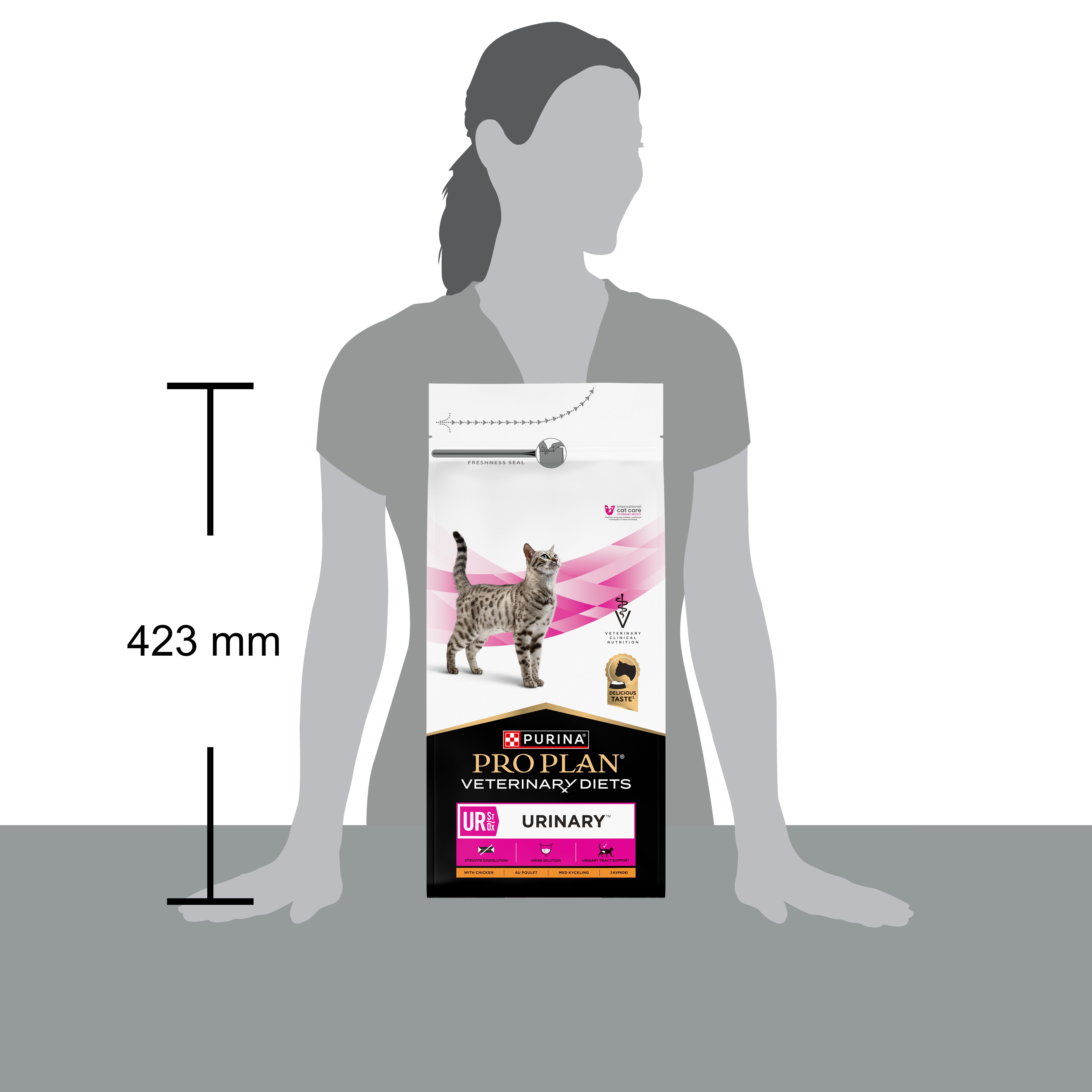 Zijaanzicht van de kattenvoerzak. Merk: Purina Pro Plan Veterinary Diets. Opschrift: UR Urinary. Tekst en afbeeldingen.