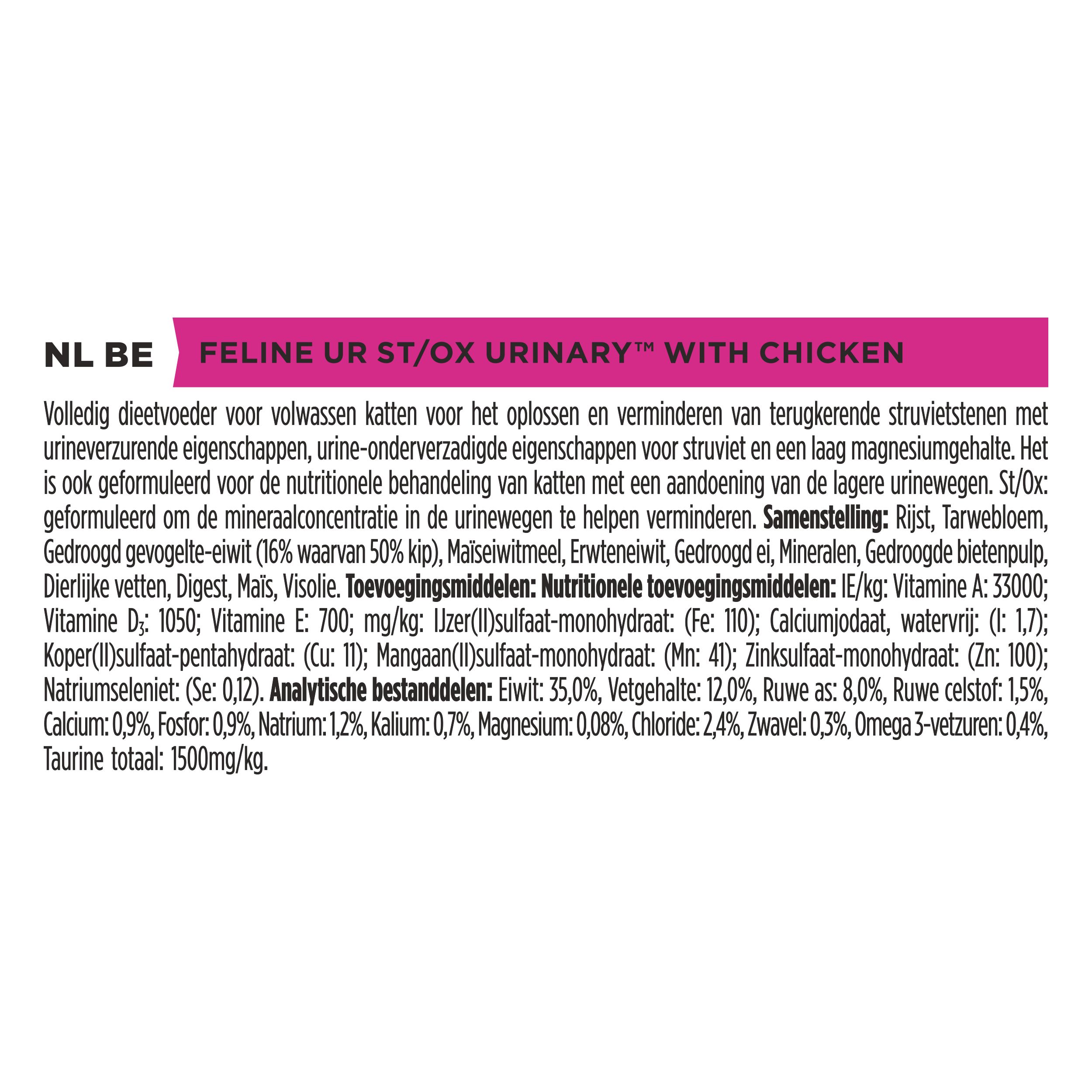 Tekst over de samenstelling van kattenvoer. Merk: Purina Pro Plan Veterinary Diets.