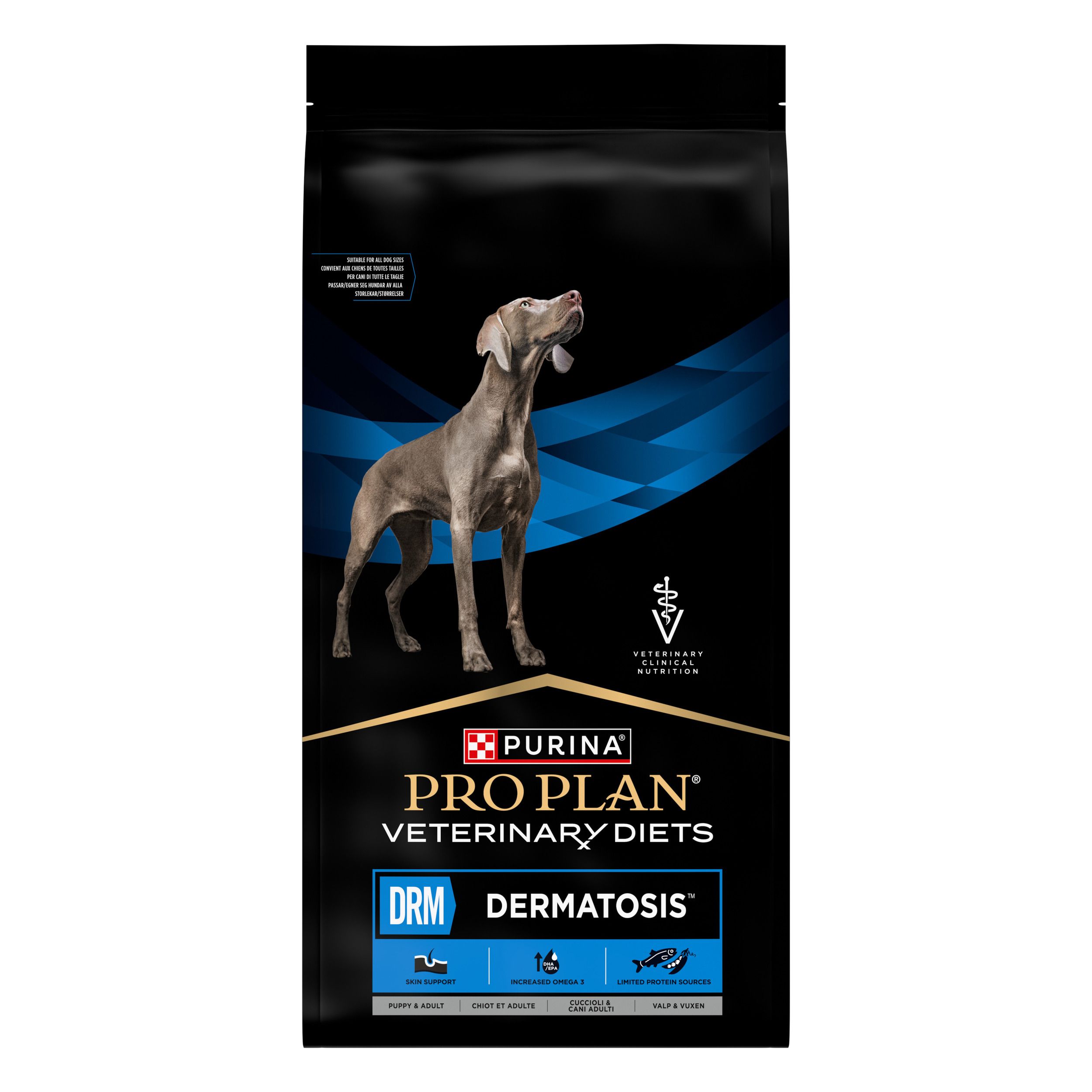 Sac noir avec chien et informations produit. Marque : Purina Pro Plan Veterinary Diets DRM Dermatosis.