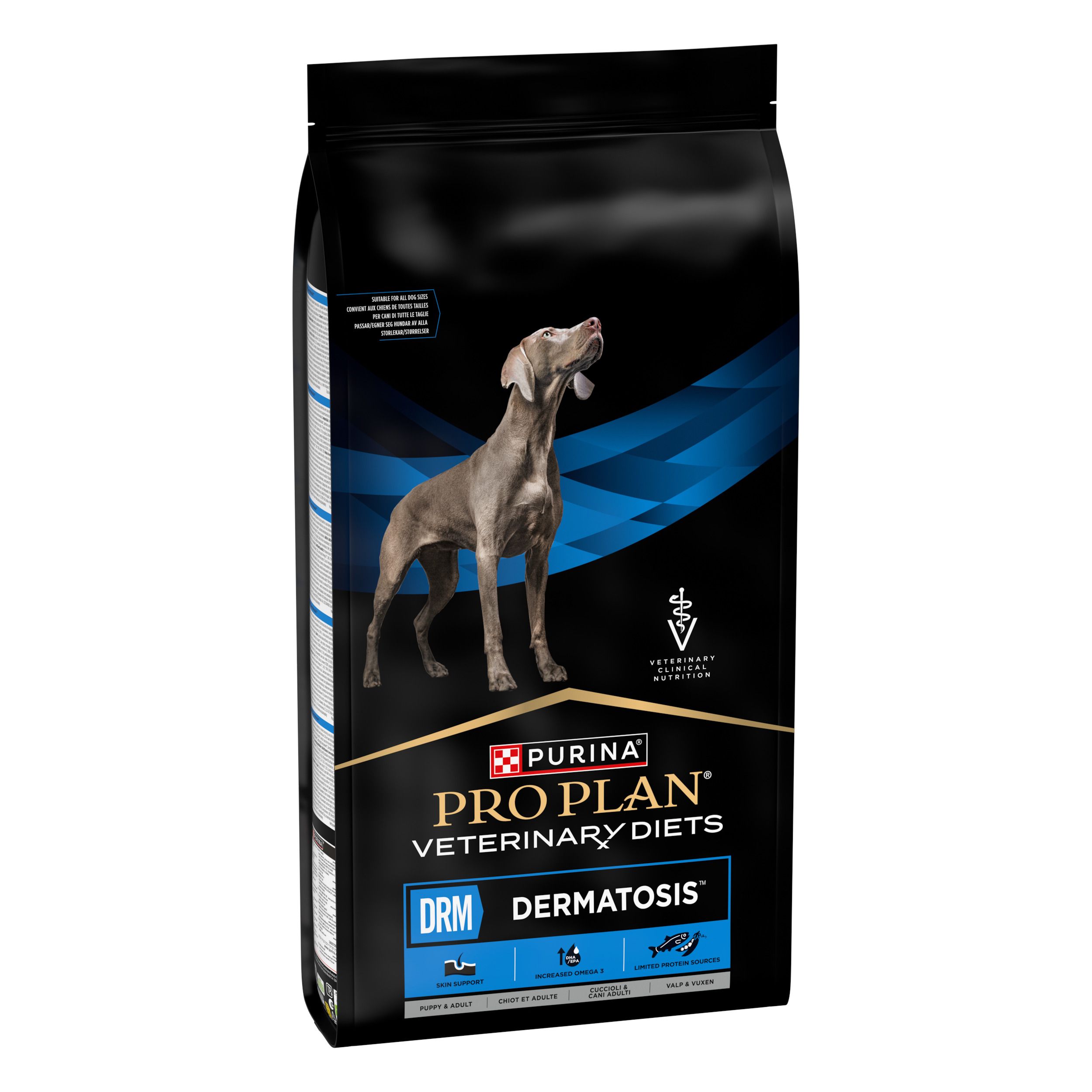 Zwarte zak met hond en productinformatie. Merk: Purina Pro Plan Veterinary Diets DRM Dermatosis.