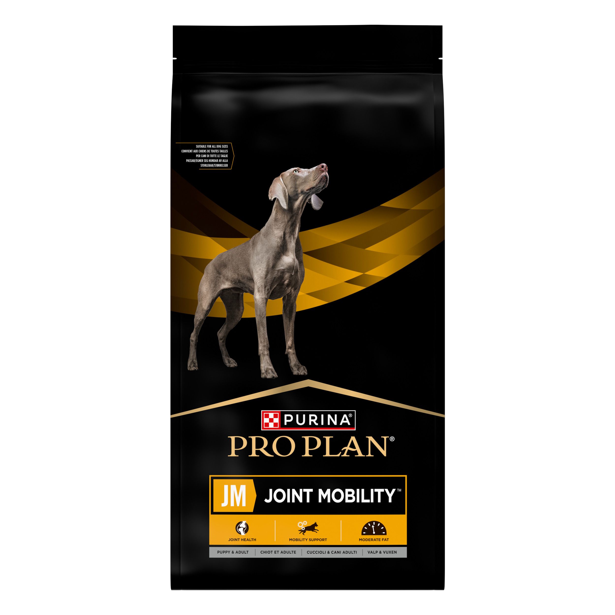 Sac noir de nourriture pour chiens. Inscription : PURINA PRO PLAN JM JOINT MOBILITY. Image d'un chien.