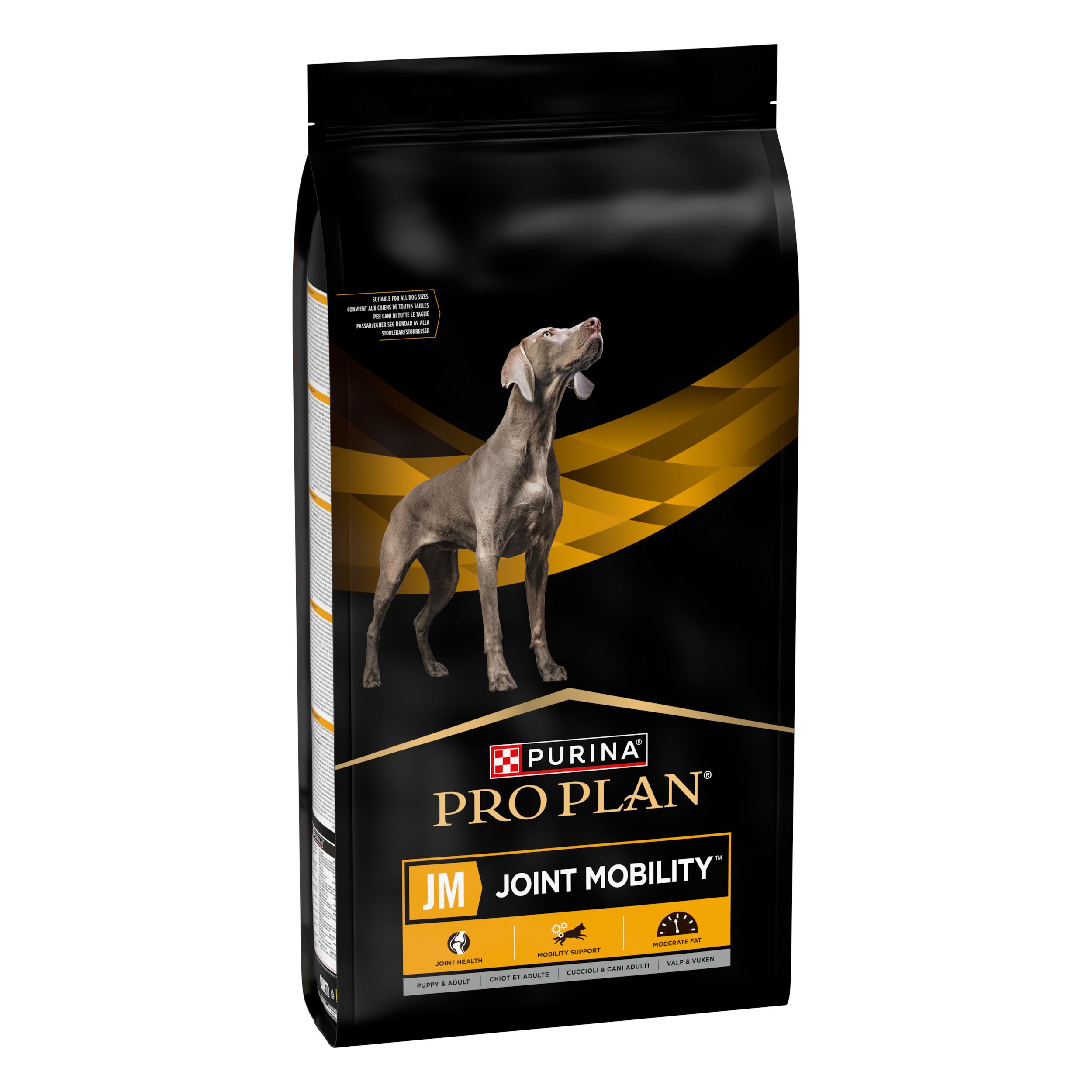 Zwarte zak hondenvoer. Opschrift: PURINA PRO PLAN JM JOINT MOBILITY. Hond op gele achtergrond.