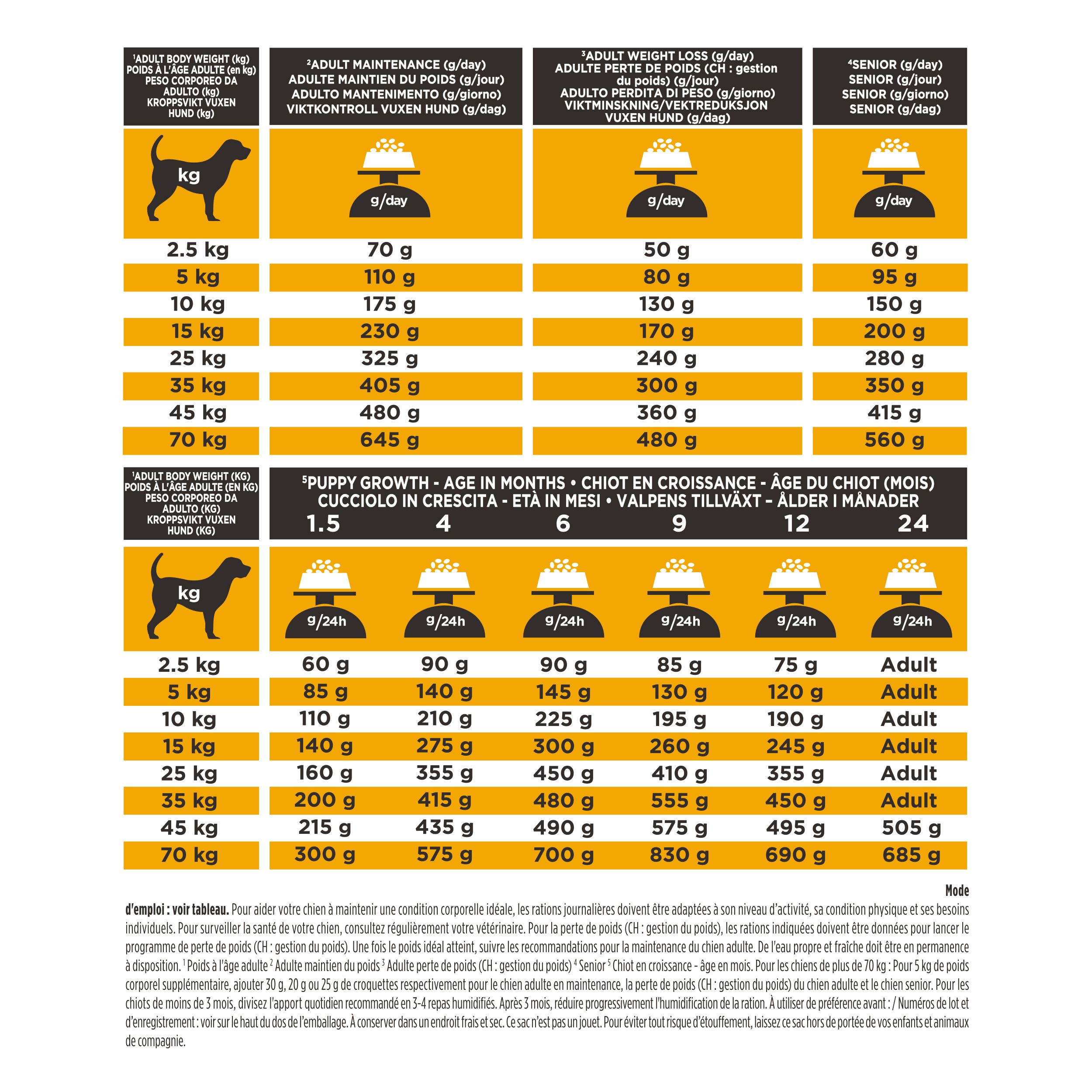 Recommandations alimentaires pour chiens. Tableaux pour différents poids et âges. Inscription : Puppy Growth - Age in Months.