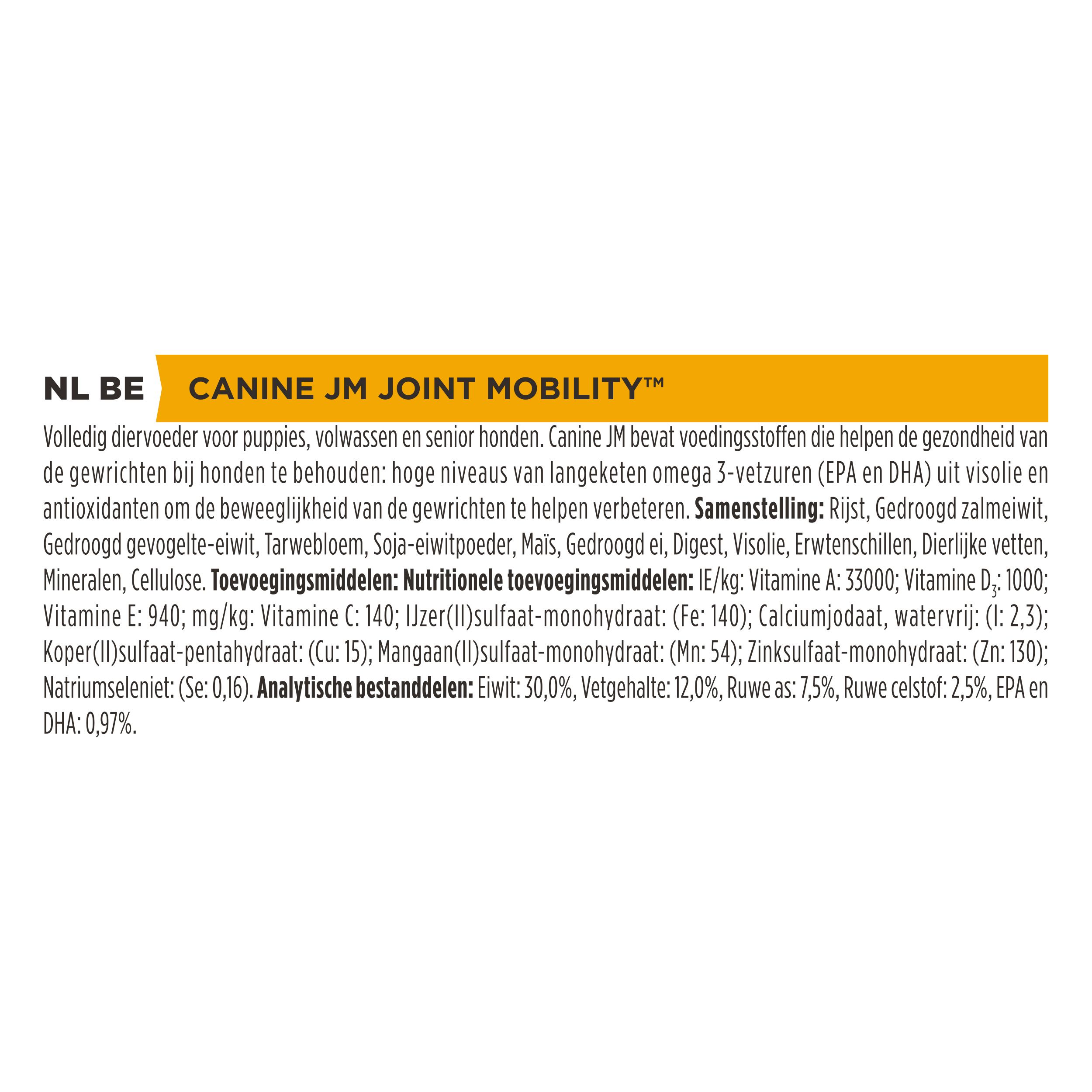Samenstelling van hondenvoer. Bevat informatie over ingrediënten en analytische bestanddelen. Opschrift: CANINE JM JOINT MOBILITY.