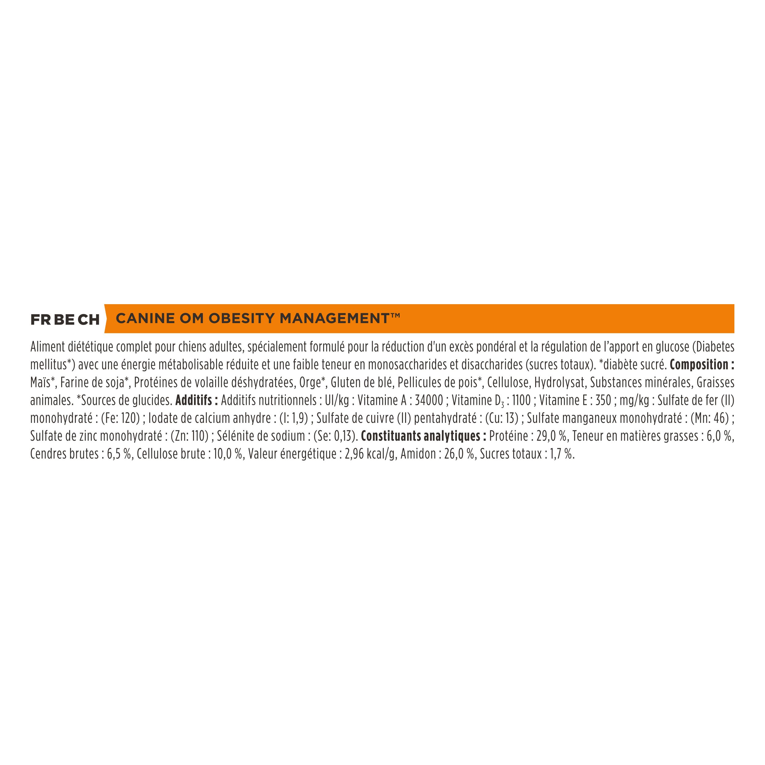 Section de texte avec informations sur les ingrédients et les valeurs nutritionnelles. Inscription : CANINE OM OBESITY MANAGEMENT.