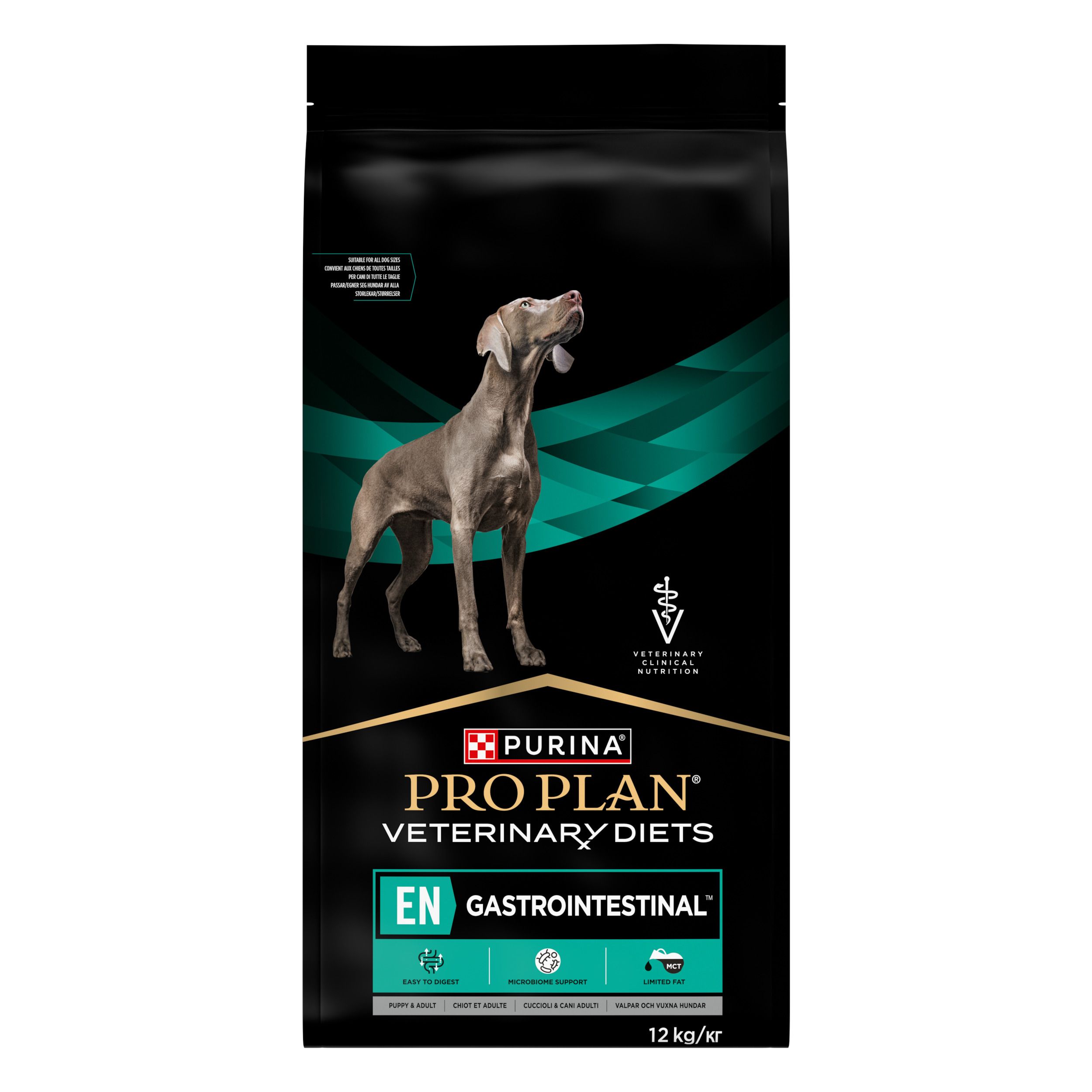 Zwarte zak met hond en productlogo. Bevat PRO PLAN VETERINARY DIETS EN GASTROINTESTINAL. 12 kg.
