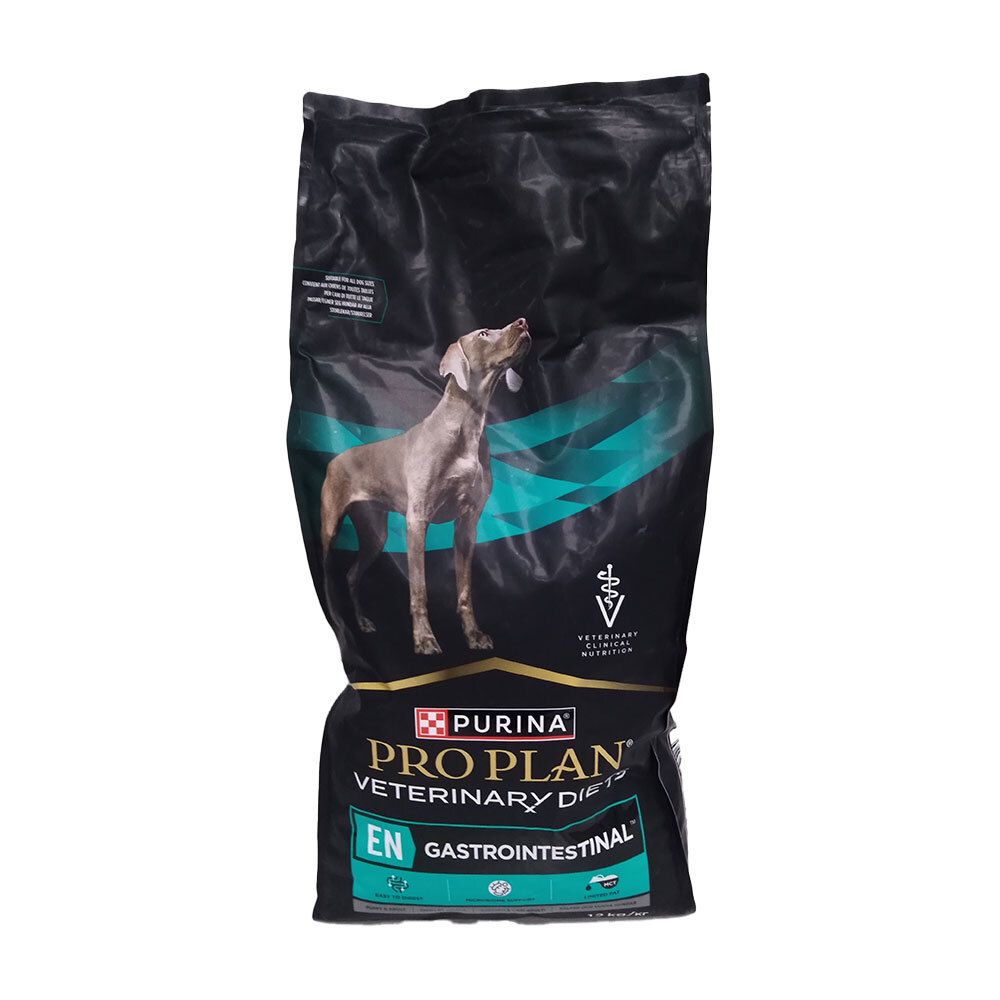 Zwarte zak met hond en productlogo. Bevat PRO PLAN VETERINARY DIETS EN GASTROINTESTINAL. 12 kg.