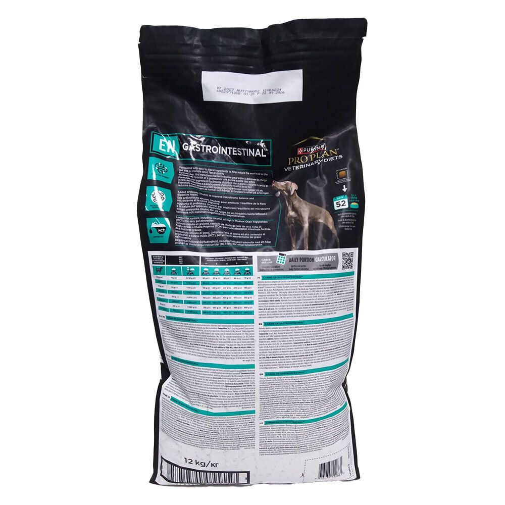 Achterkant van de zwarte zak. Bevat informatie over PRO PLAN VETERINARY DIETS EN GASTROINTESTINAL. 12 kg.