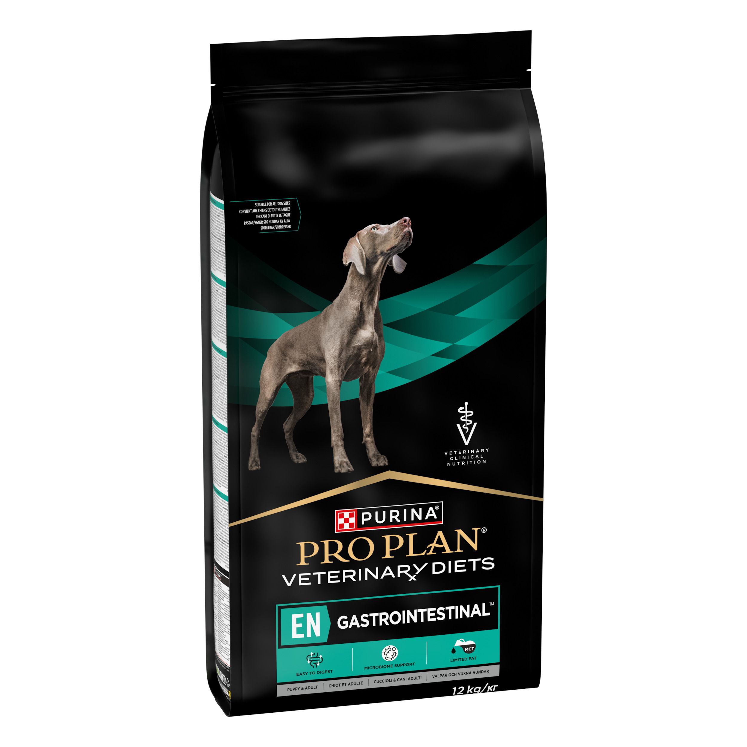 Sac noir avec chien et logo du produit. Contient PRO PLAN VETERINARY DIETS EN GASTROINTESTINAL. 12 kg.