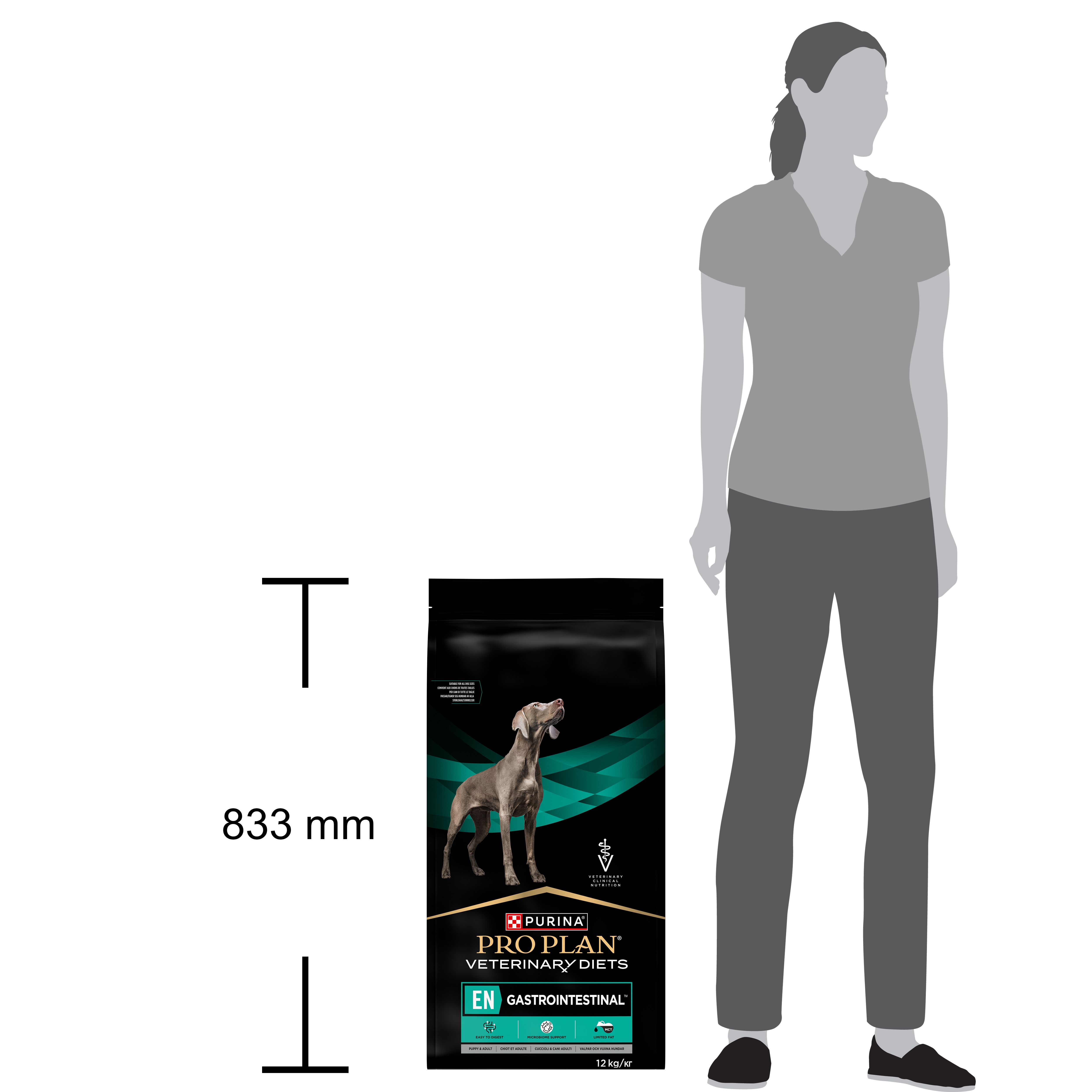 Sac noir avec chien et logo du produit. Contient PRO PLAN VETERINARY DIETS EN GASTROINTESTINAL. 12 kg.