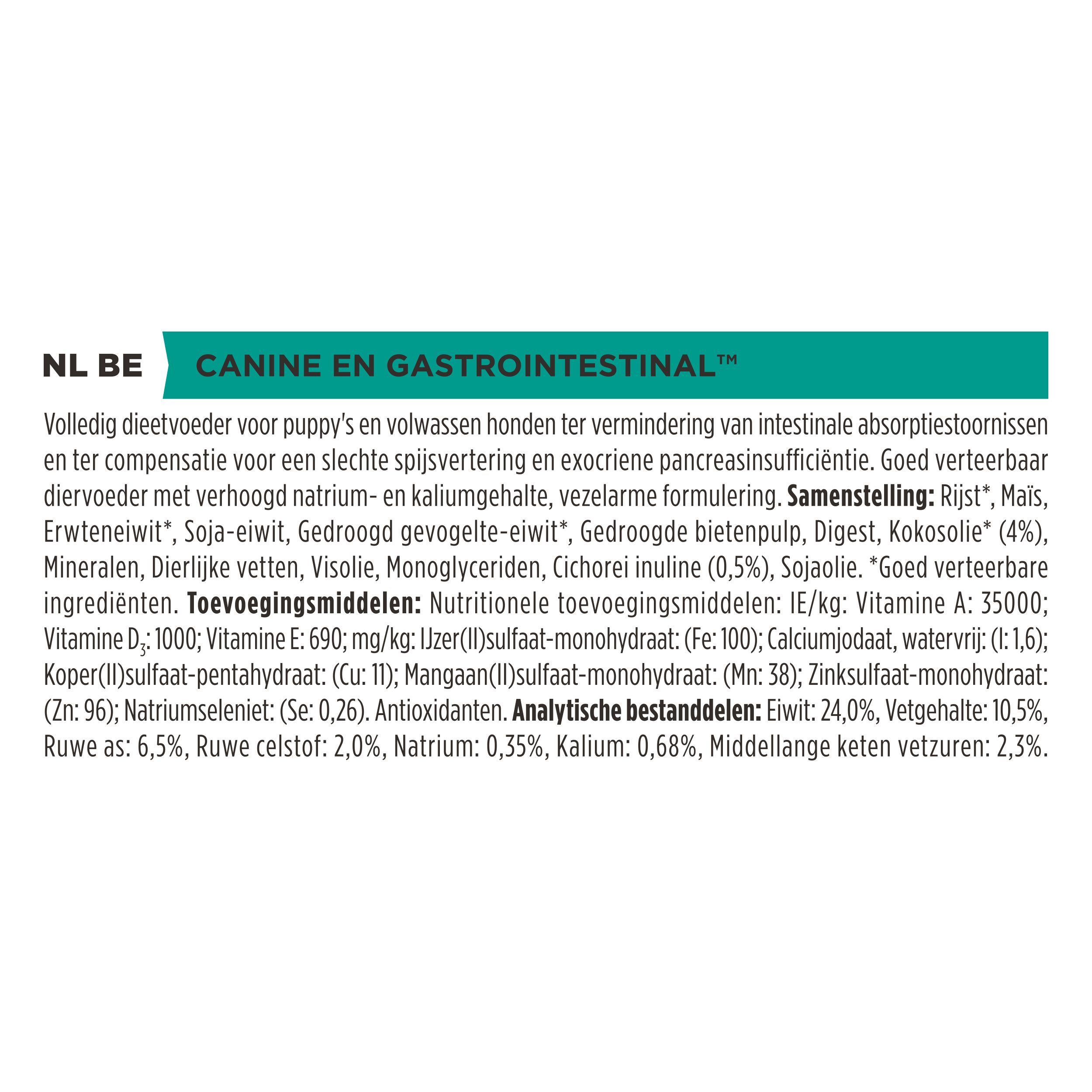 Samenstelling van het product. Bevat informatie over PRO PLAN VETERINARY DIETS EN GASTROINTESTINAL.