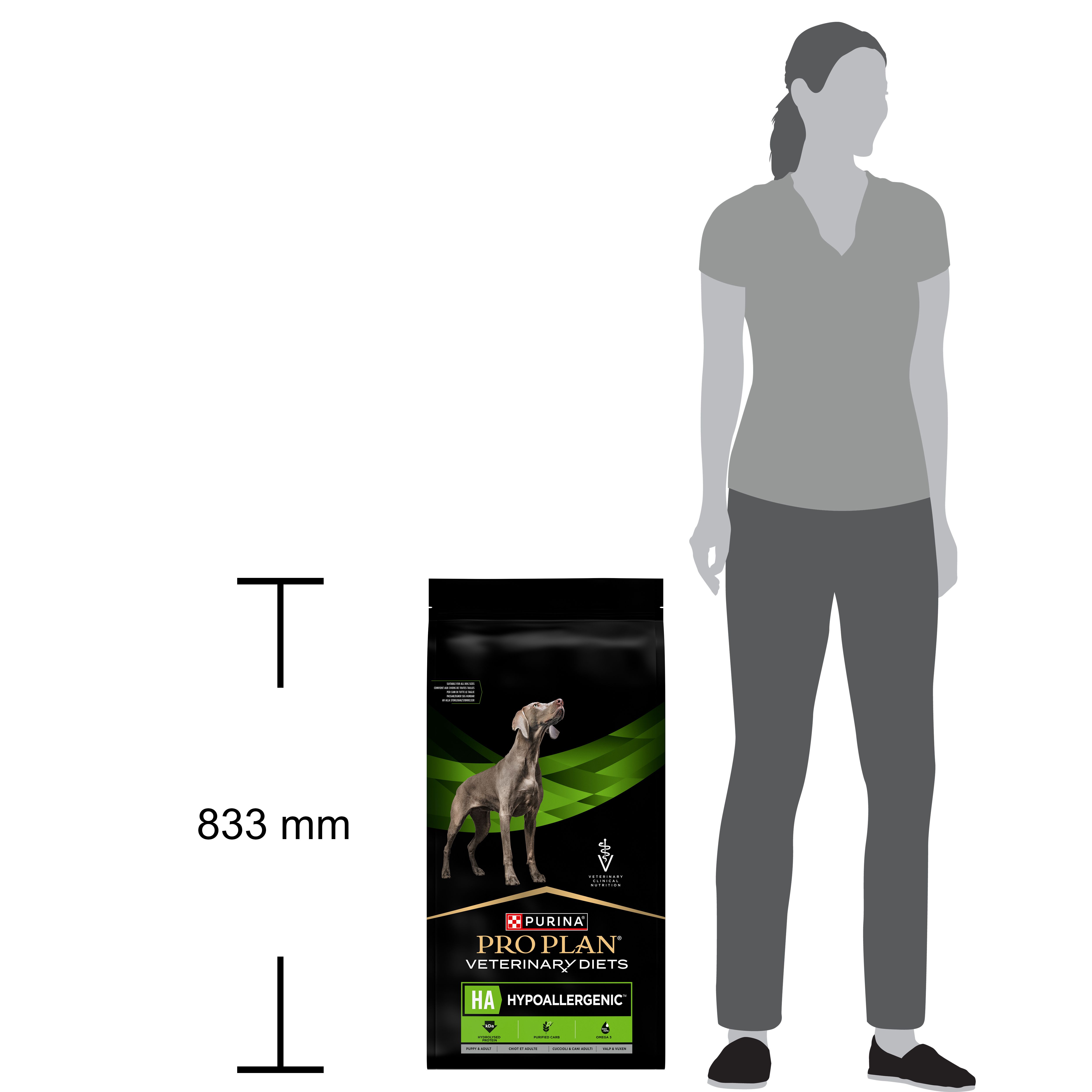 Zwarte zak met PRO PLAN Veterinary Diets HA. Afbeelding van een hond. Groene accenten. Hypoallergeen.