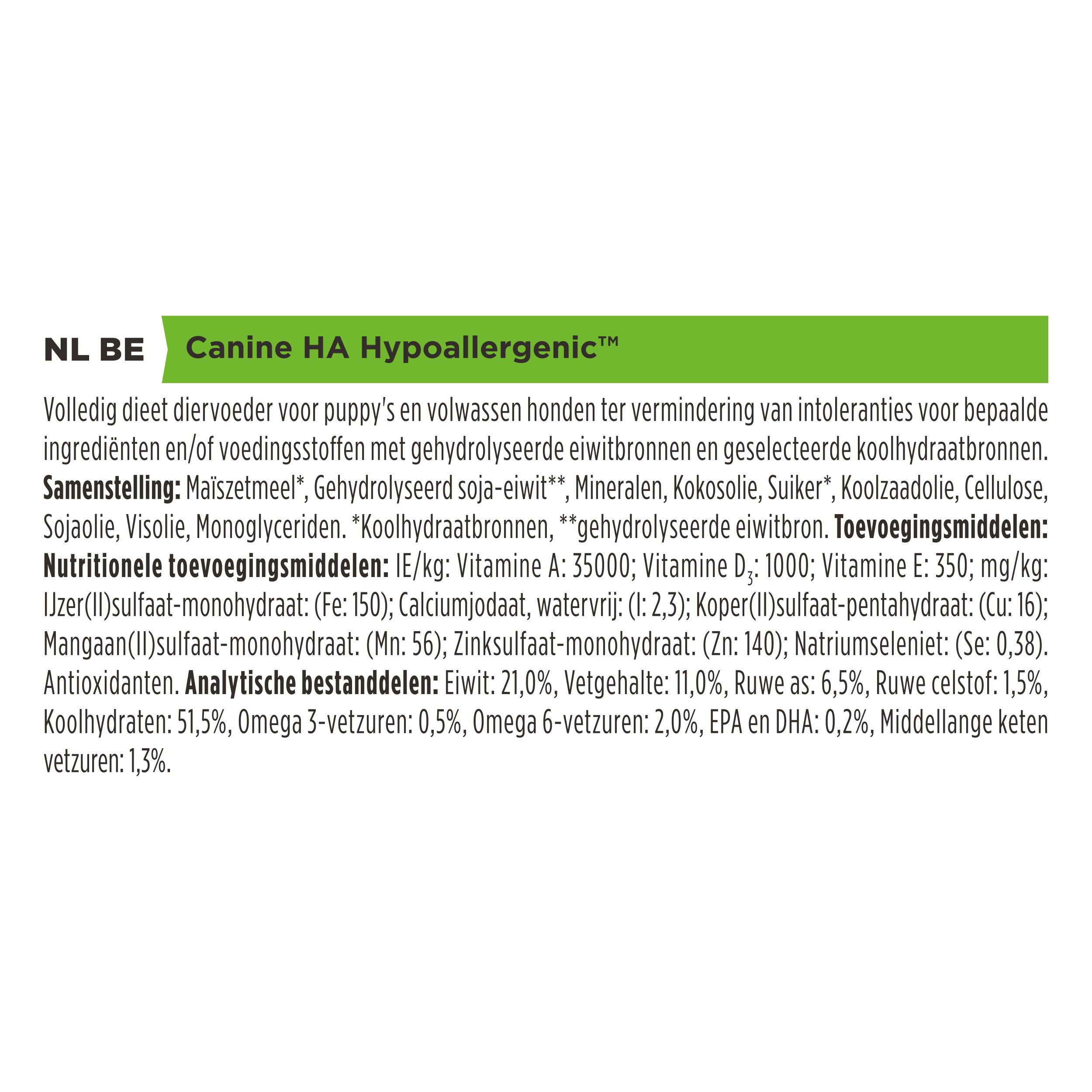 Samenstelling van het voer. Ingrediënten, analyse. Voor honden met HA. Tekst in het Nederlands.