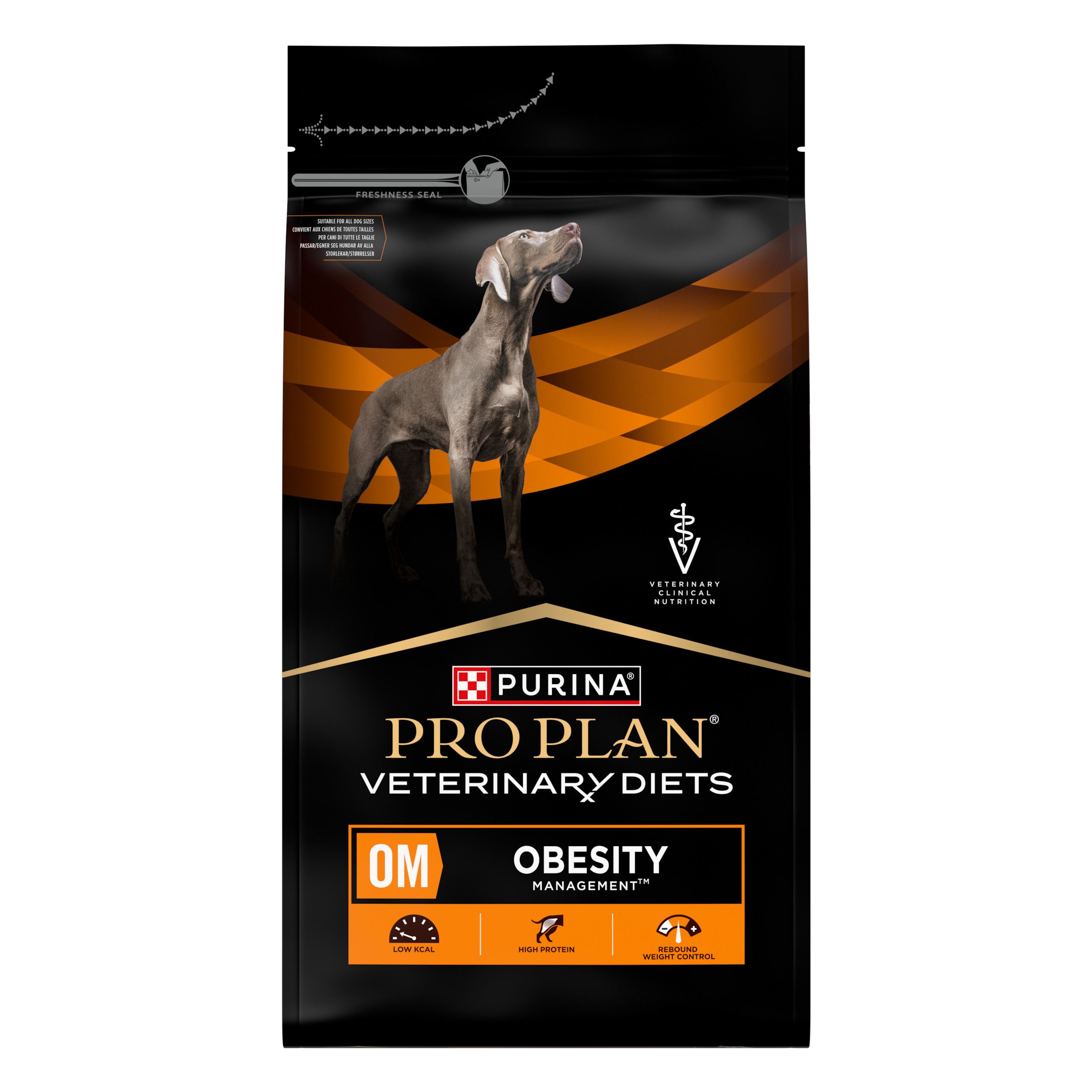 Zwarte zak met hond en tekst. Bevat Pro Plan Veterinary Diets OM Obesity Management.