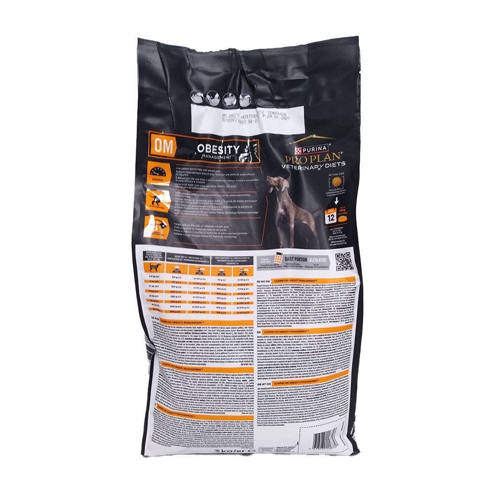 Achterkant van de zak met tekst en informatie. Bevat Pro Plan Veterinary Diets OM Obesity Management.