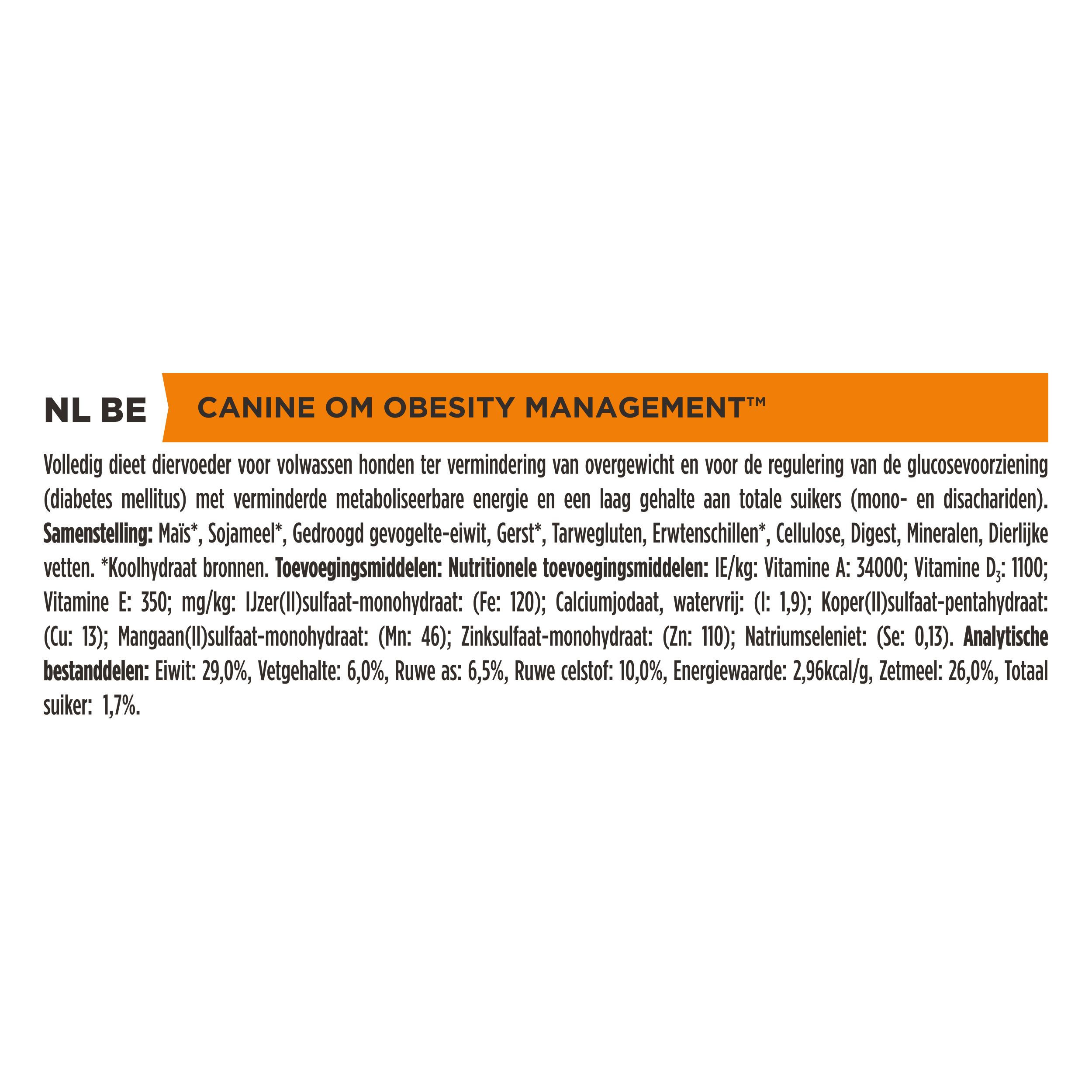 Tekstgedeelte met ingrediënten en analyse. Bevat informatie over CANINE OM Obesity Management.