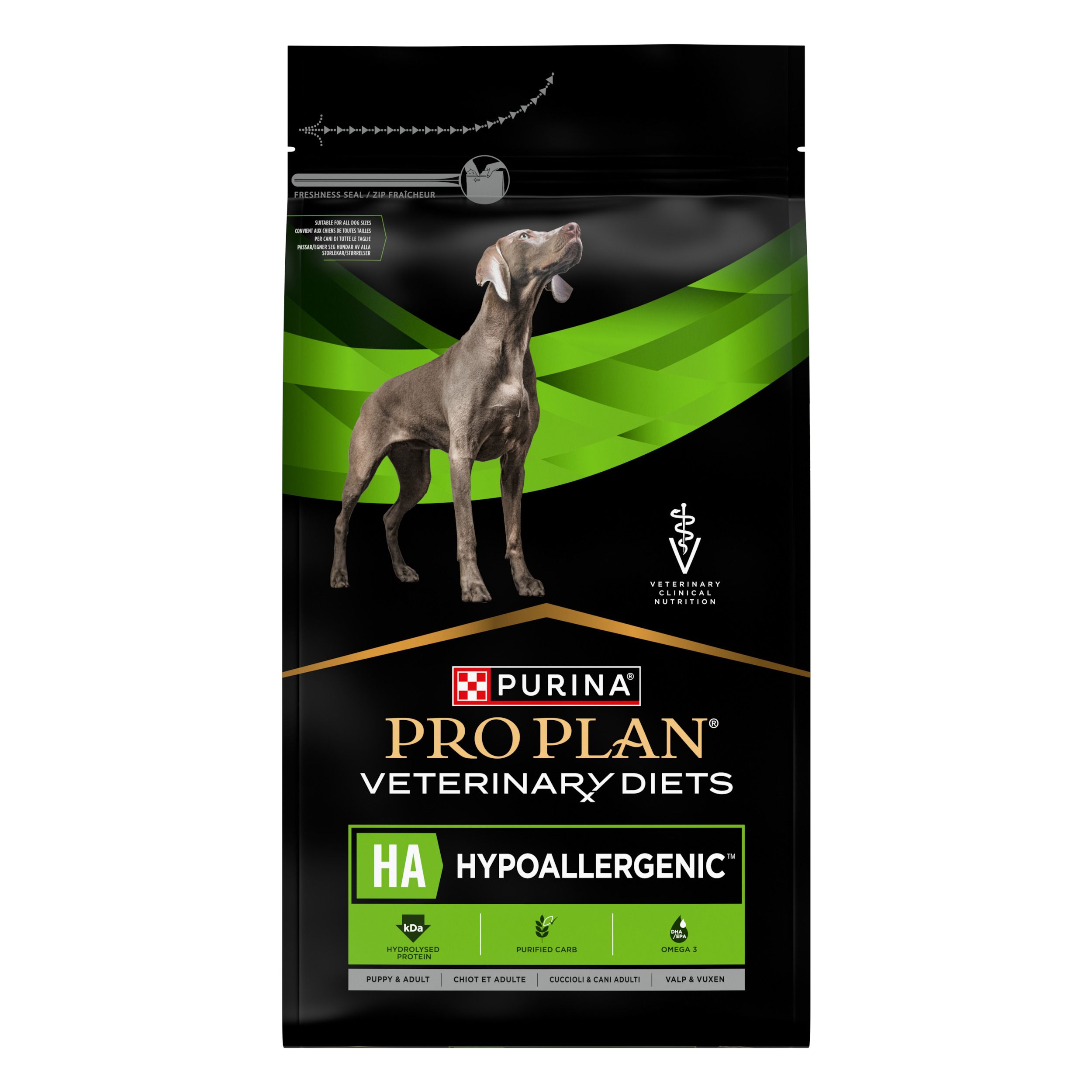 Sac de nourriture Purina Pro Plan Veterinary Diets CANINE HA HYPOALLERGENIC. Image d'un chien. Fond noir.