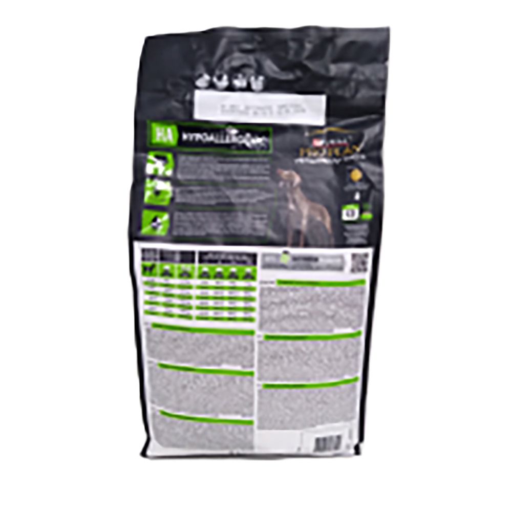 Achterkant van de voedselzak Purina Pro Plan Veterinary Diets CANINE HA HYPOALLERGENIC. Tekst en afbeeldingen.