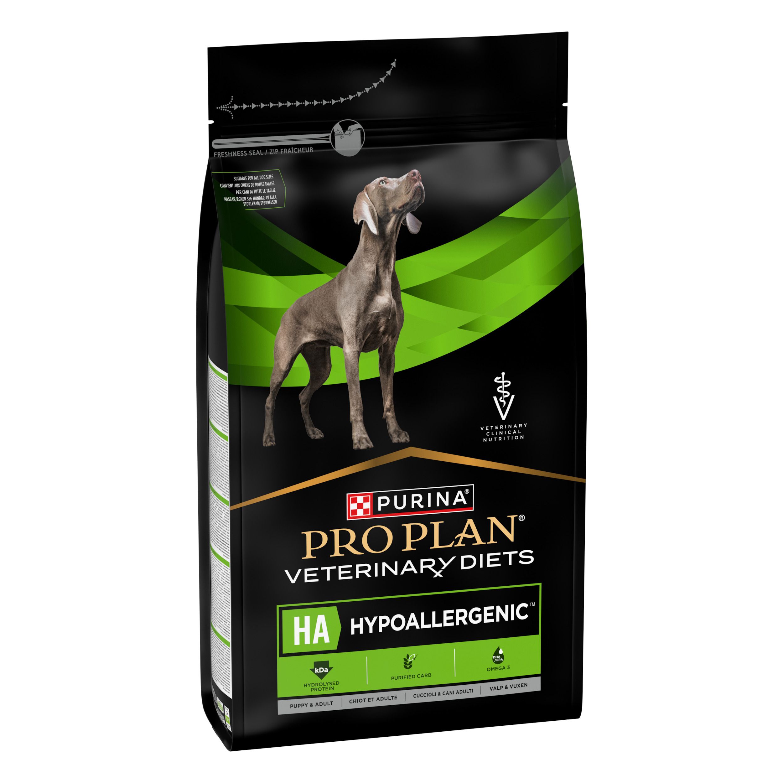 Sac de nourriture Purina Pro Plan Veterinary Diets CANINE HA HYPOALLERGENIC. Image d'un chien. Fond noir.