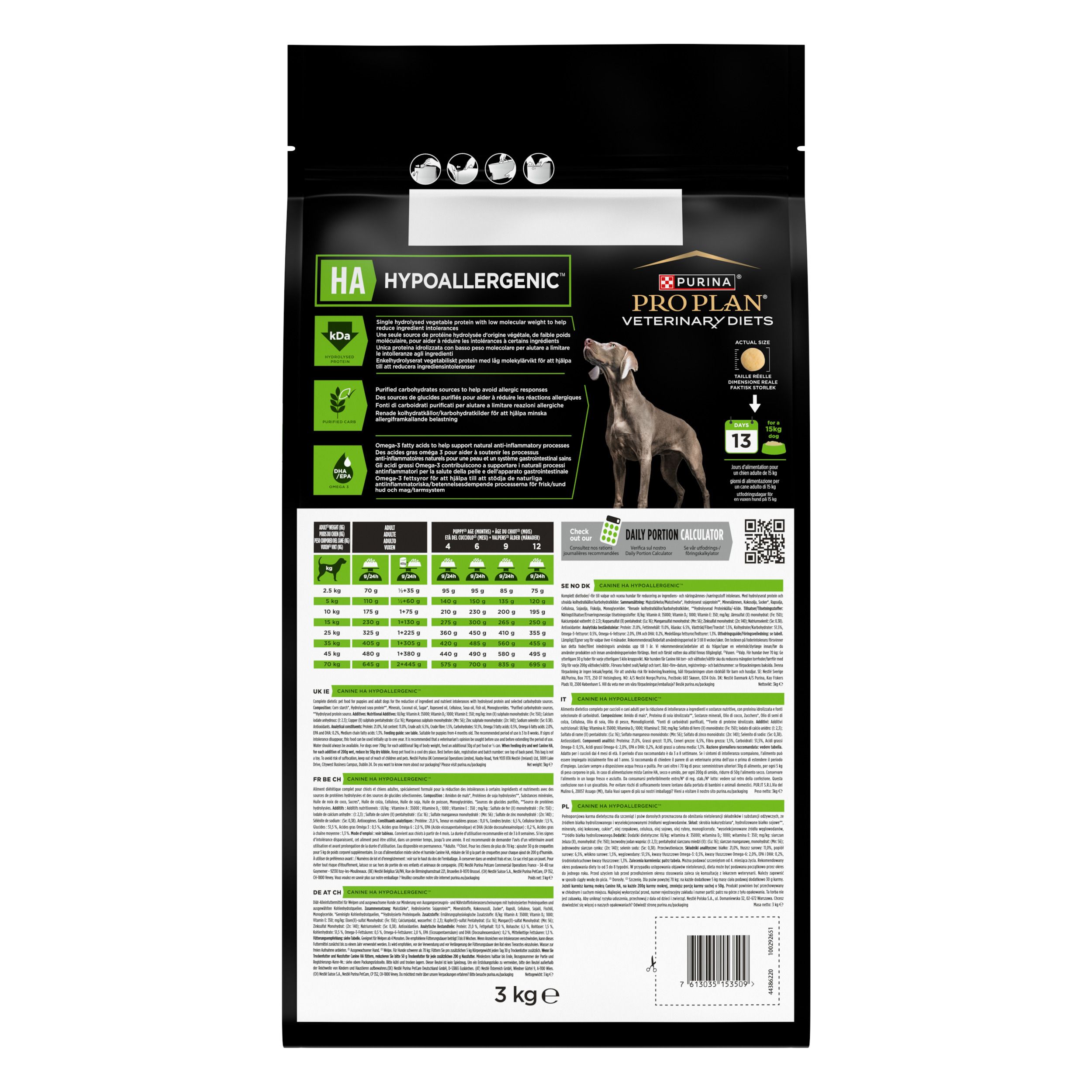 Achterkant van de voedselzak Purina Pro Plan Veterinary Diets CANINE HA HYPOALLERGENIC. Tekst en afbeeldingen.