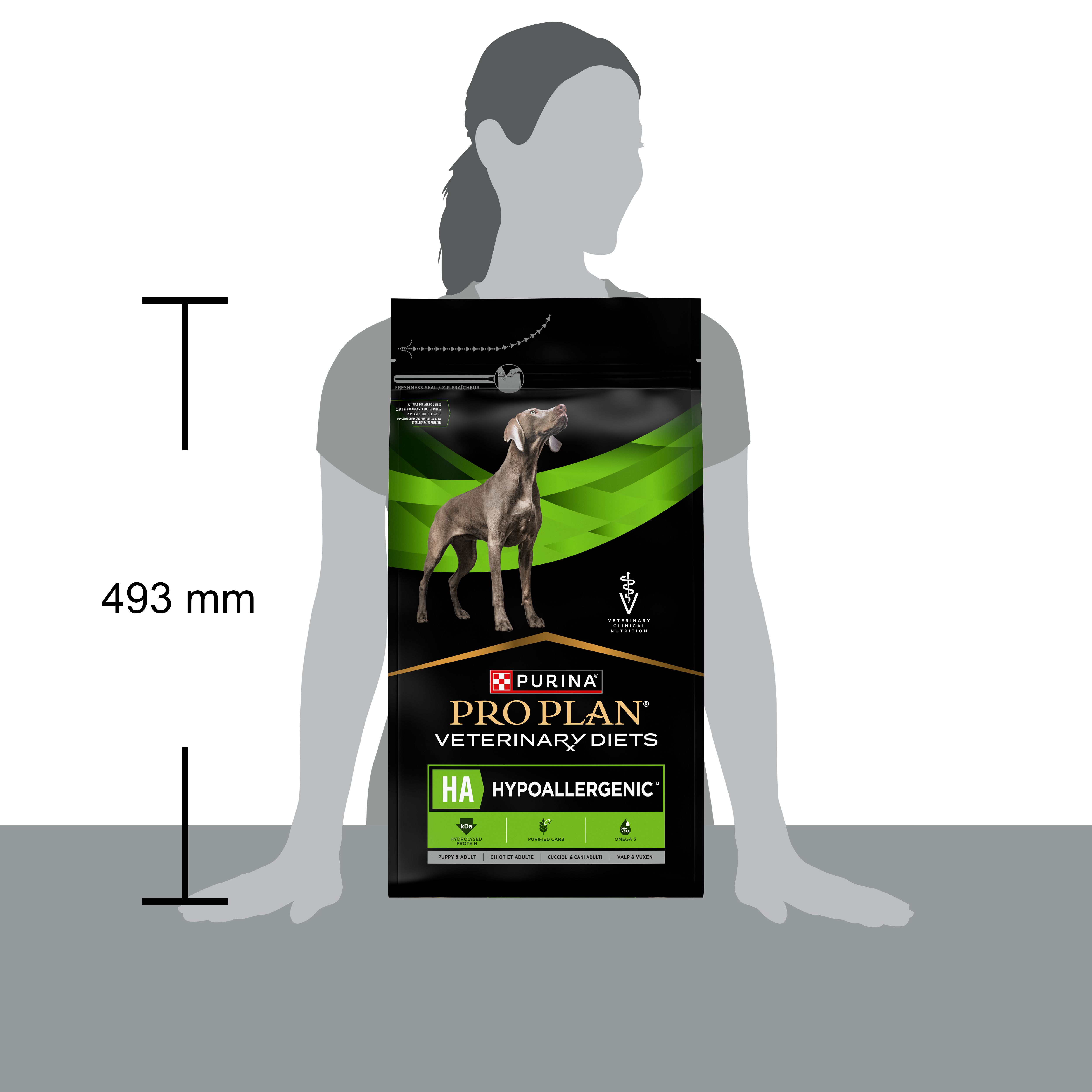 Voedselzak Purina Pro Plan Veterinary Diets CANINE HA HYPOALLERGENIC. Afbeelding van een hond. Zwarte achtergrond.