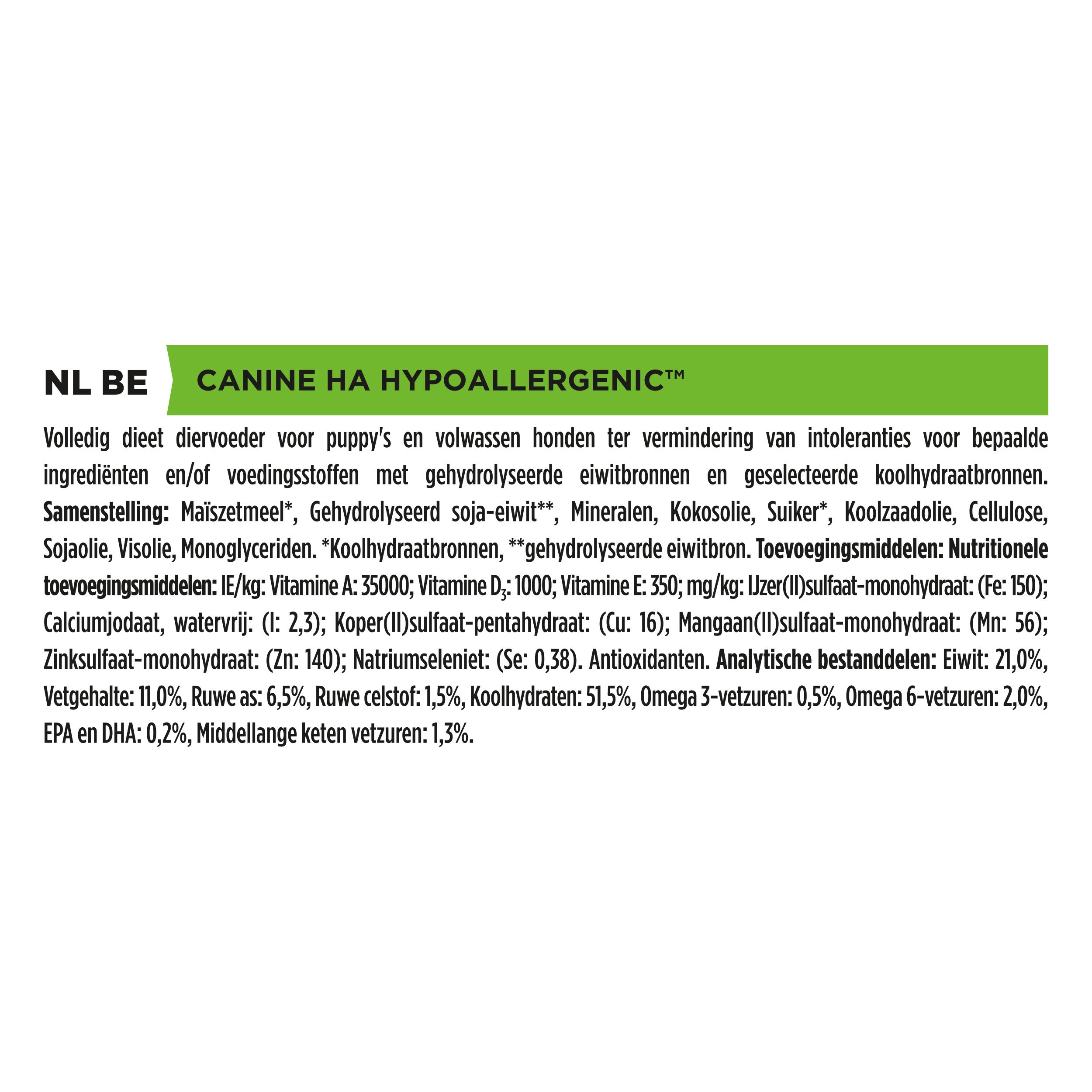 Voedselzak Purina Pro Plan Veterinary Diets CANINE HA HYPOALLERGENIC. Tekst en afbeeldingen.