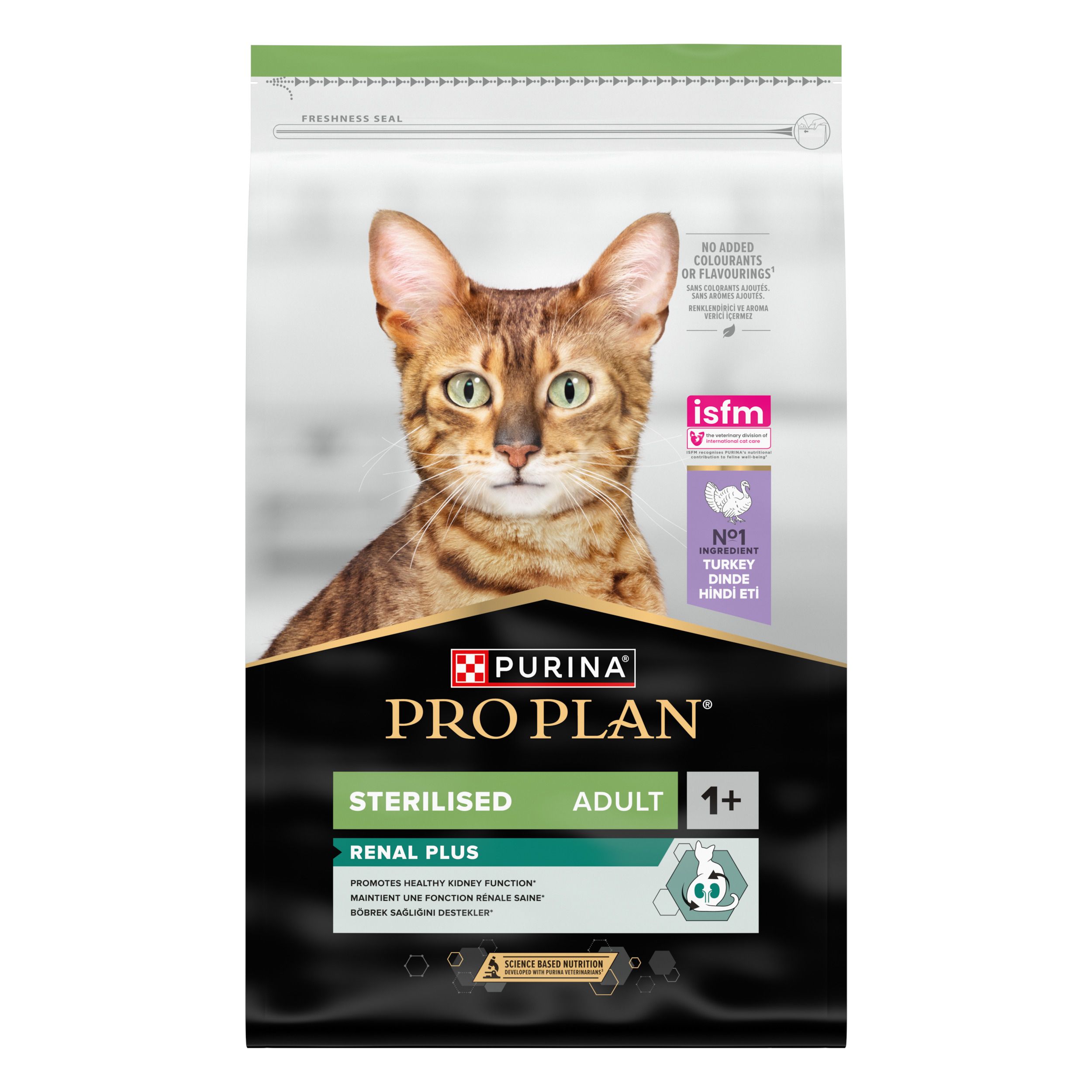 Kat op voerzak. Merk PRO PLAN, STERILISED ADULT 1+. Renal Plus. Groen-zwarte zak.