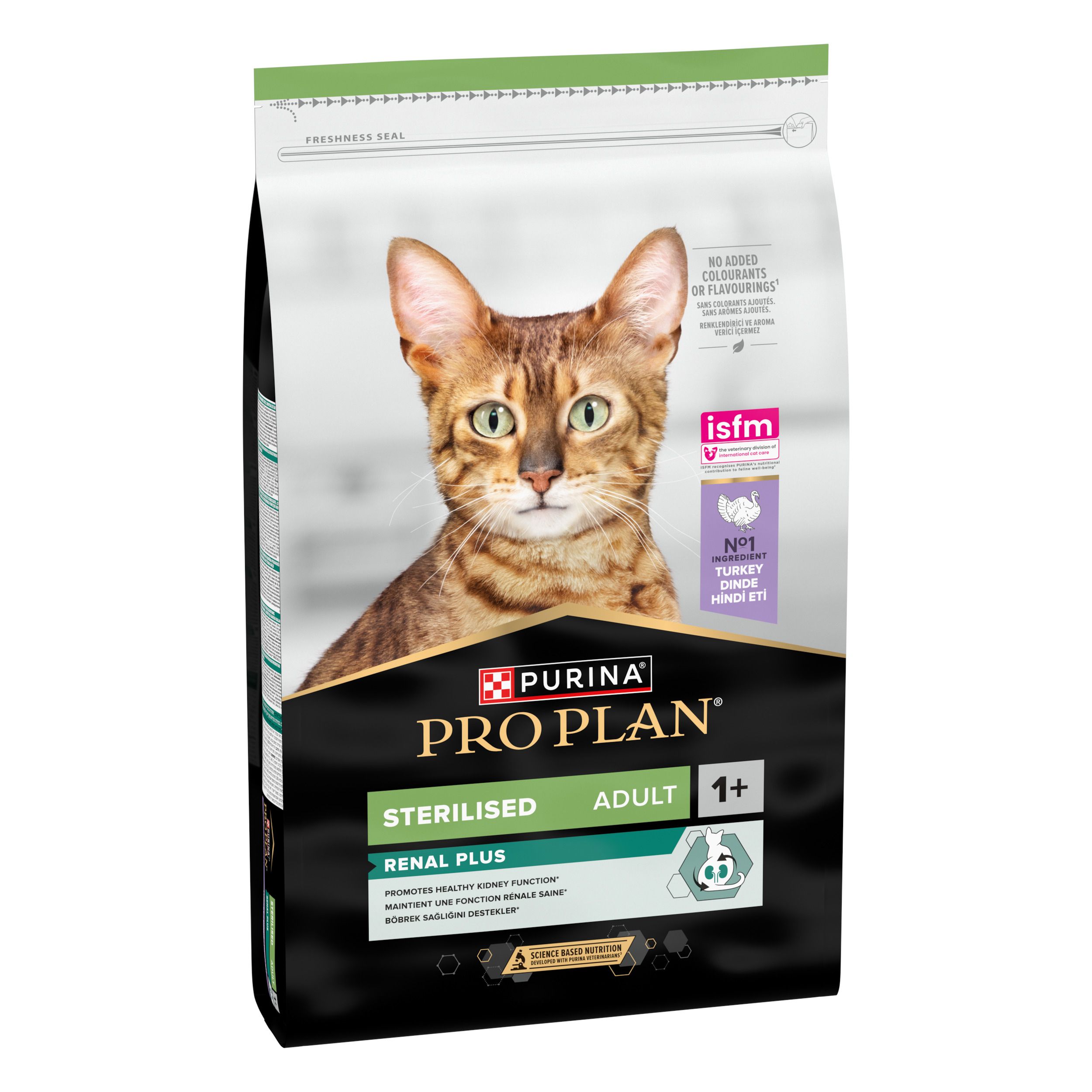 Kat op voerzak. Merk PRO PLAN, STERILISED ADULT 1+. Renal Plus. Groen-zwarte zak.