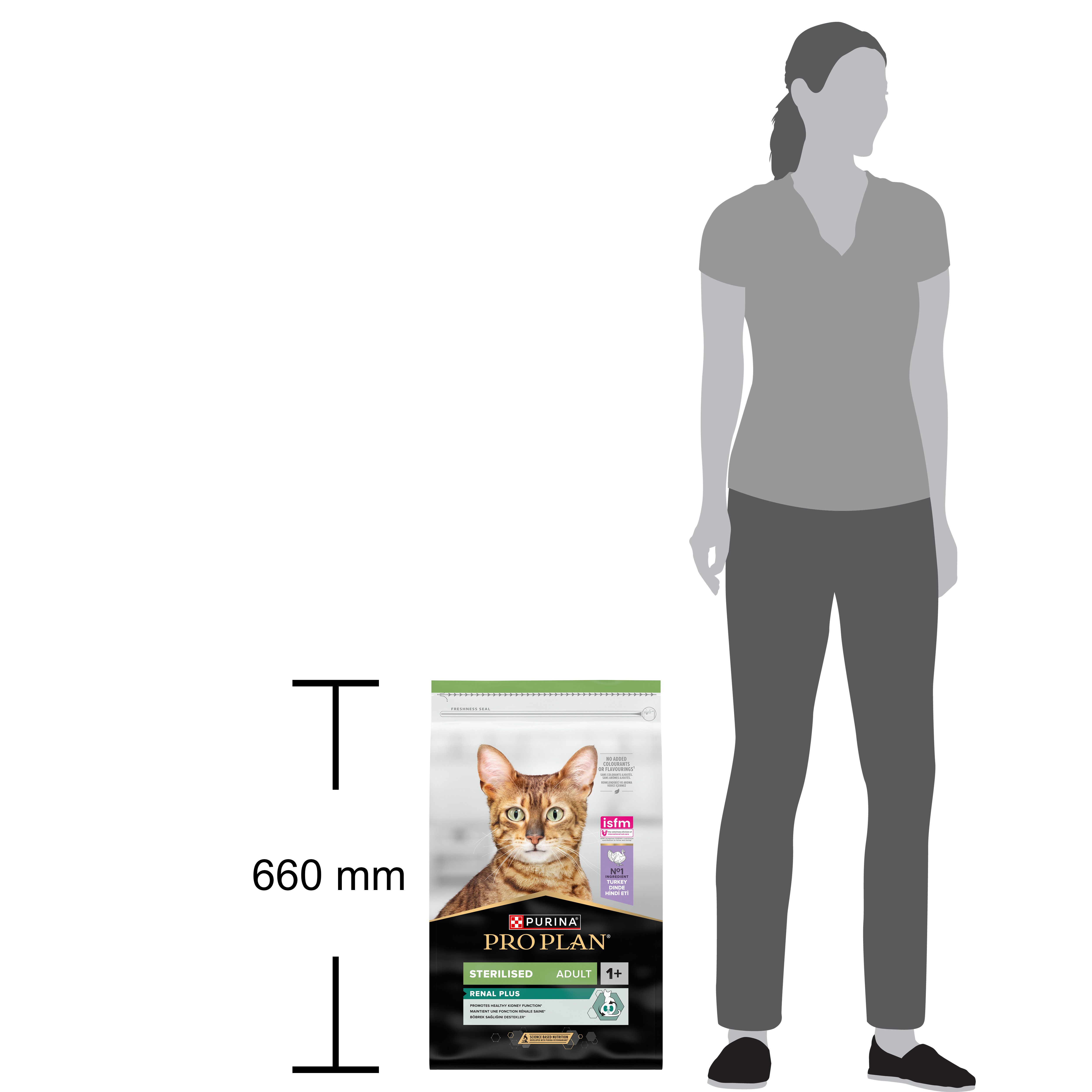 Voerzak naast een vrouw. Hoogte 660 mm. Merk PRO PLAN, STERILISED ADULT 1+.