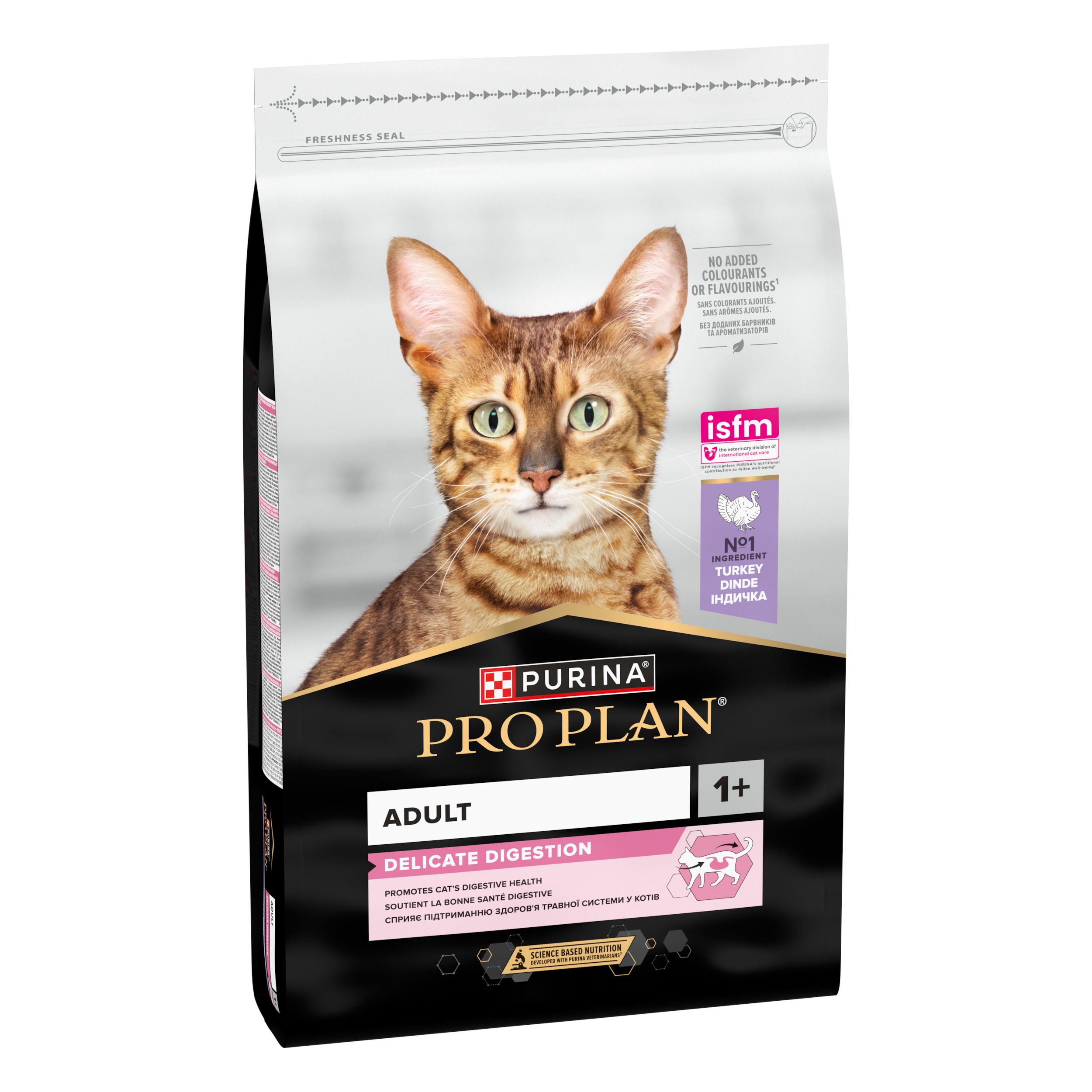 Zak Purina Pro Plan Adult Delicate Digestion. Kat op de verpakking. Opschrift: Adult, Delicate Digestion.