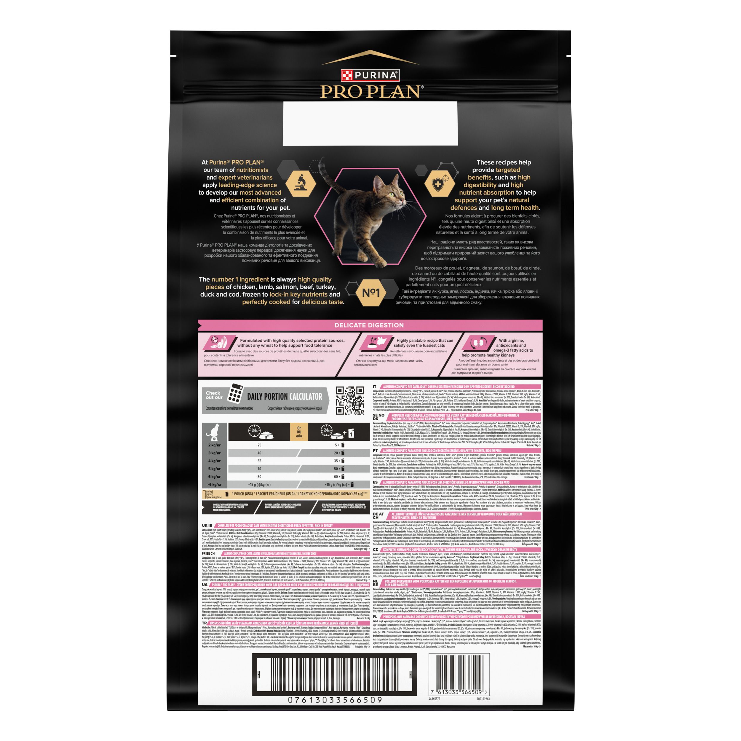 Achterkant van de zak Purina Pro Plan Adult Delicate Digestion. Tekst en afbeeldingen. Roze strook met tekst.