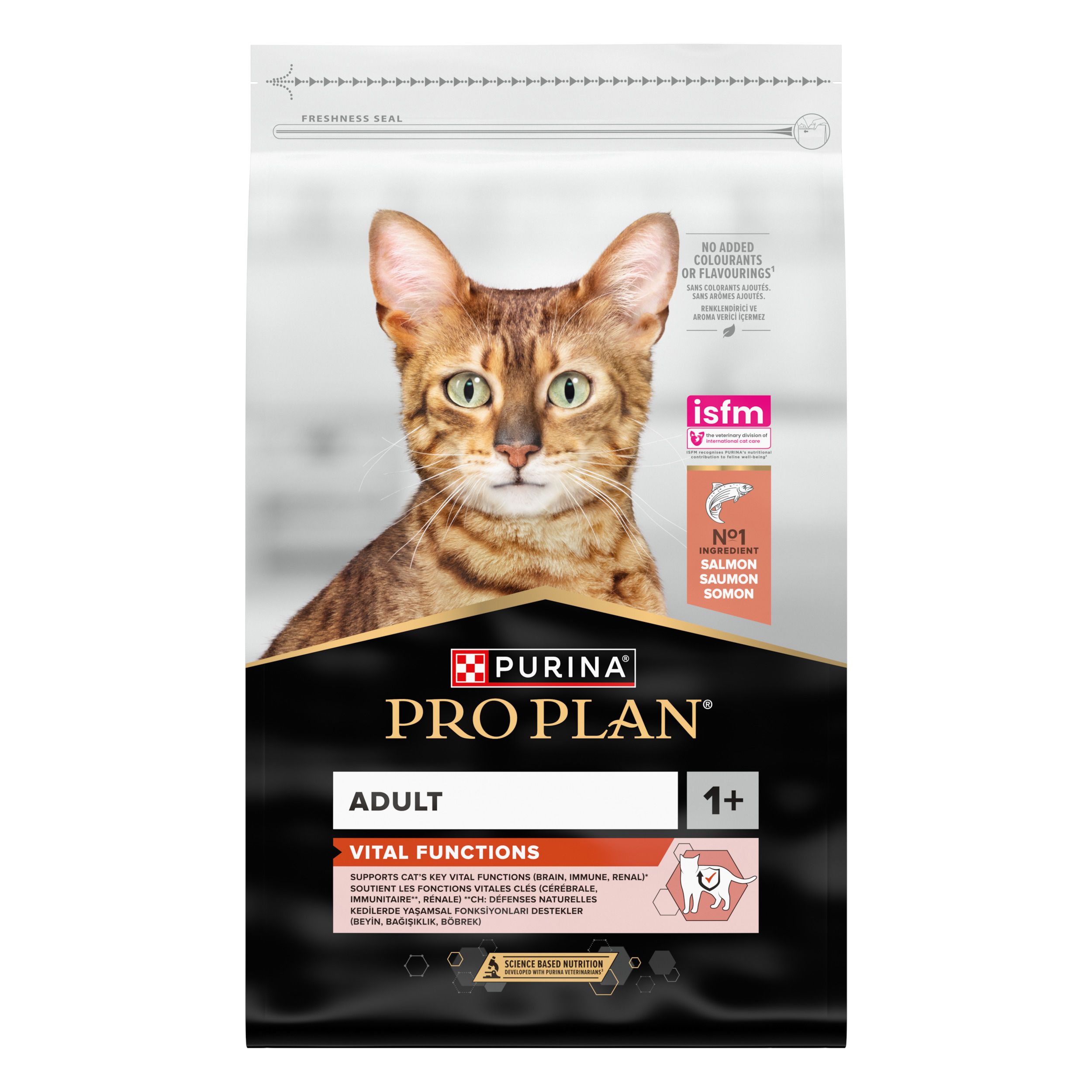 Purina Pro Plan Adult Vital Functions, kat, zalm & rijst. Afbeelding van een kat. Opschrift: Adult, Vital Functions.