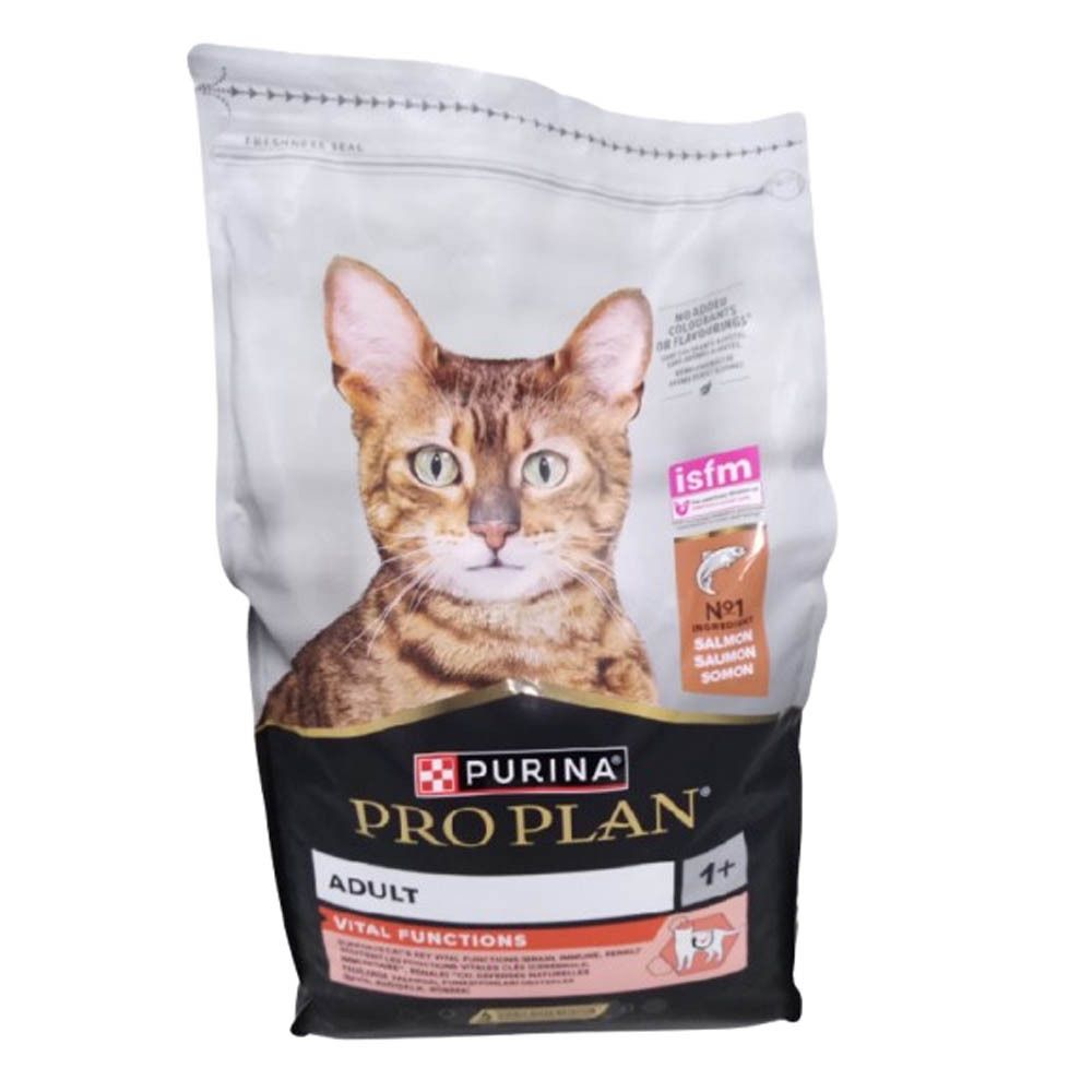 Zak Purina Pro Plan Adult Vital Functions, kat, zalm & rijst. Afbeelding van een kat. Opschrift: Adult, Vital Functions.