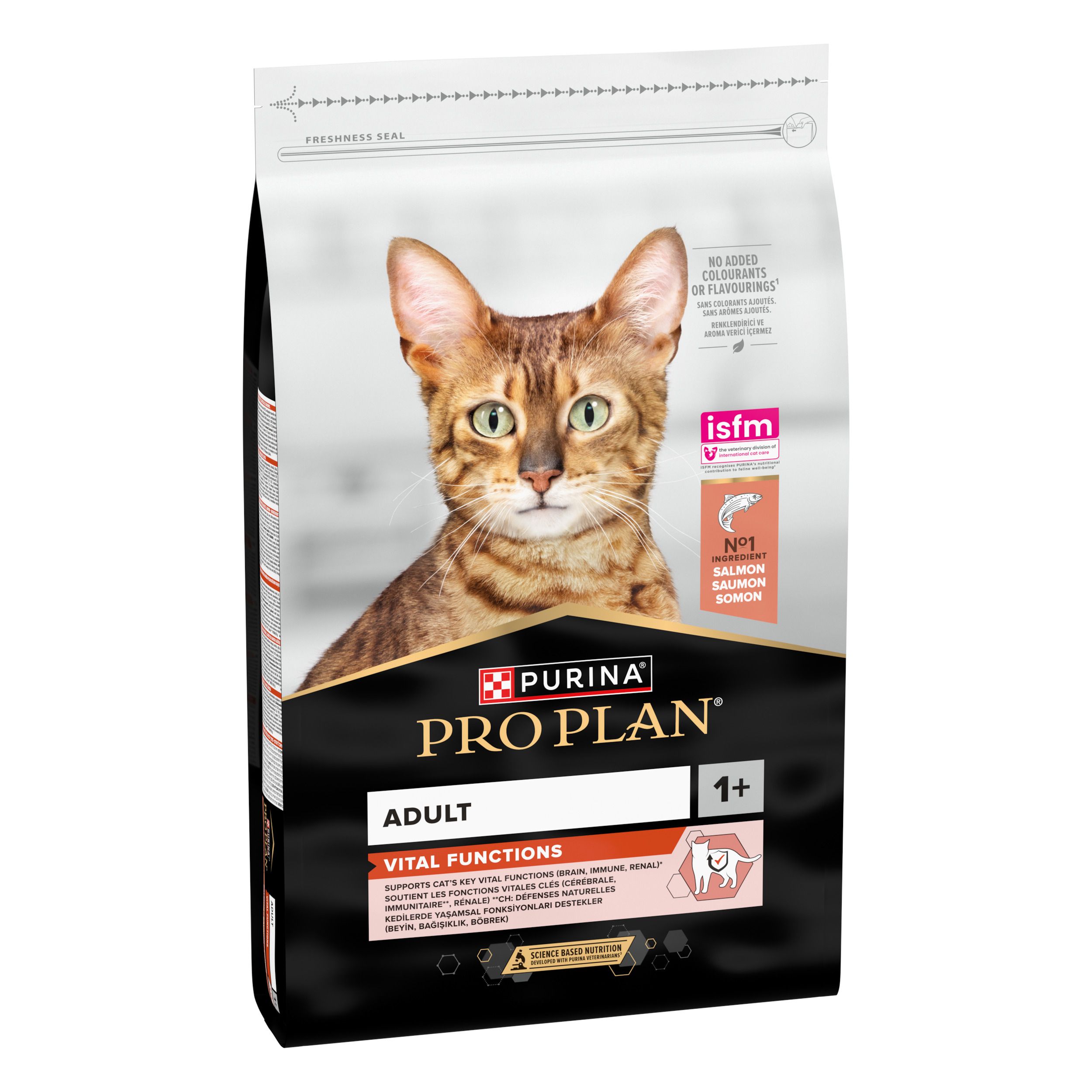 Purina Pro Plan Adult Vital Functions, chat, saumon et riz. Inscription : Adult, Vital Functions. Verso de l'emballage.