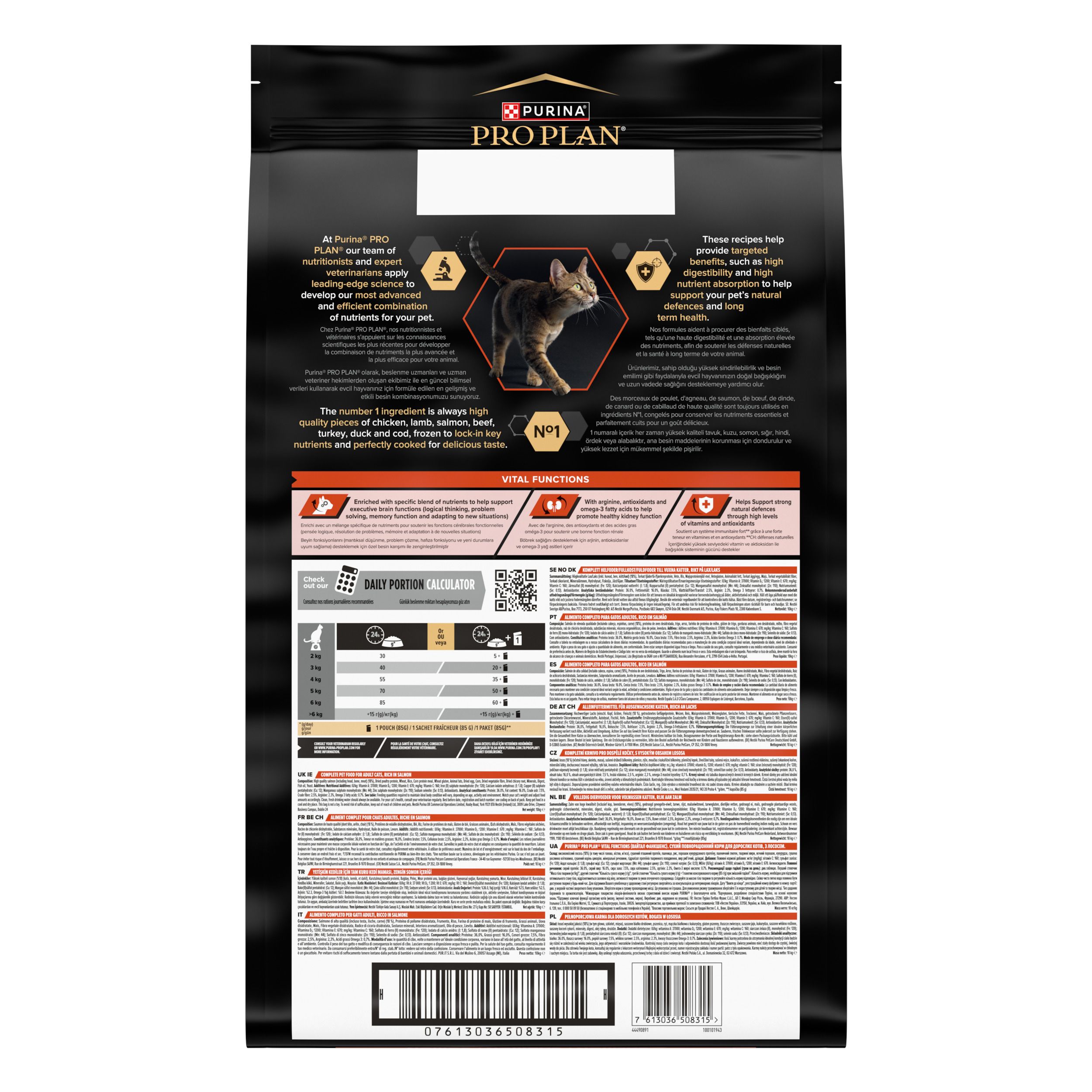 Purina Pro Plan Adult Vital Functions, kat, zalm & rijst. Opschrift: Adult, Vital Functions. Voedingsaanbevelingen.