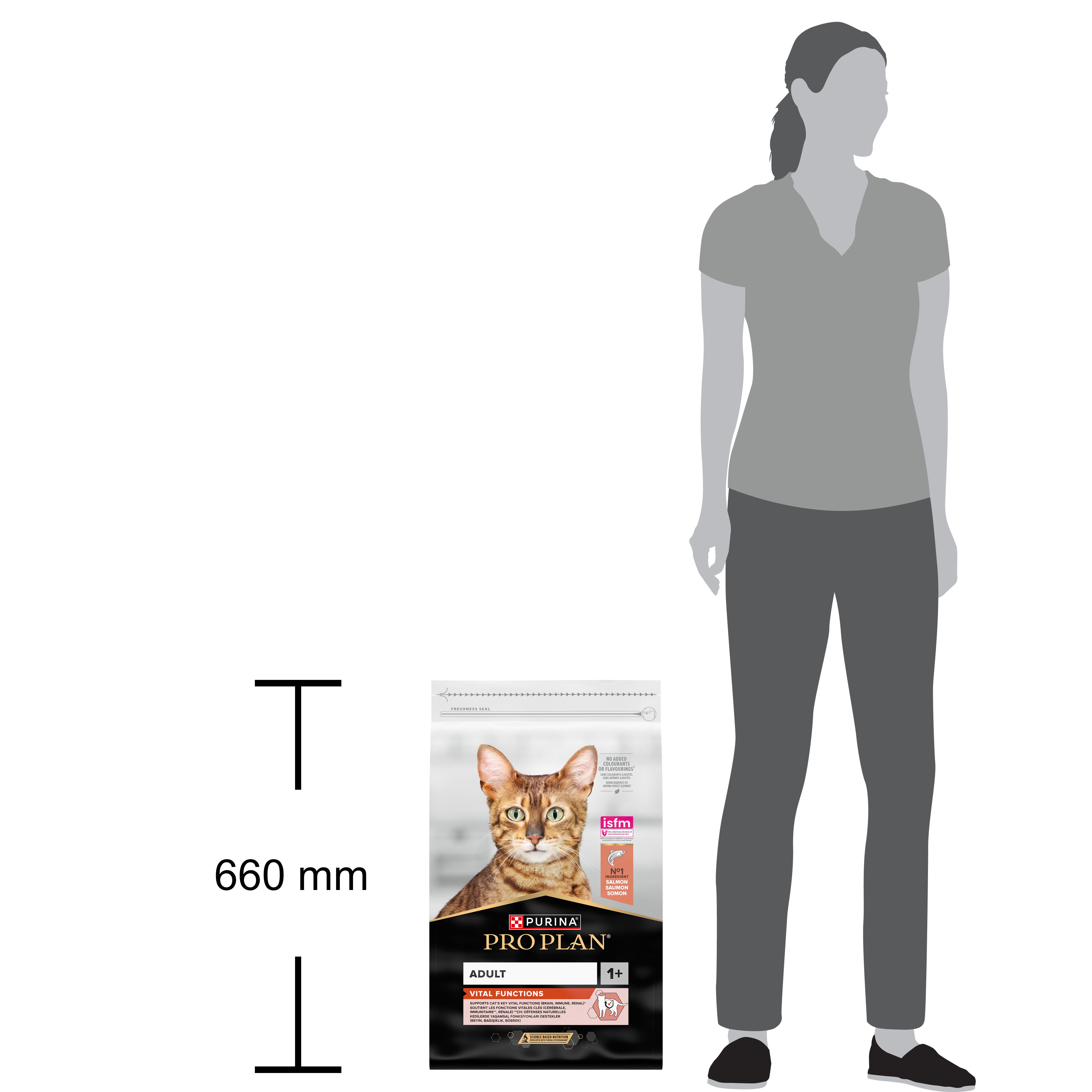Purina Pro Plan Adult Vital Functions, chat, saumon et riz. Inscription : Adult, Vital Functions. Verso de l'emballage.