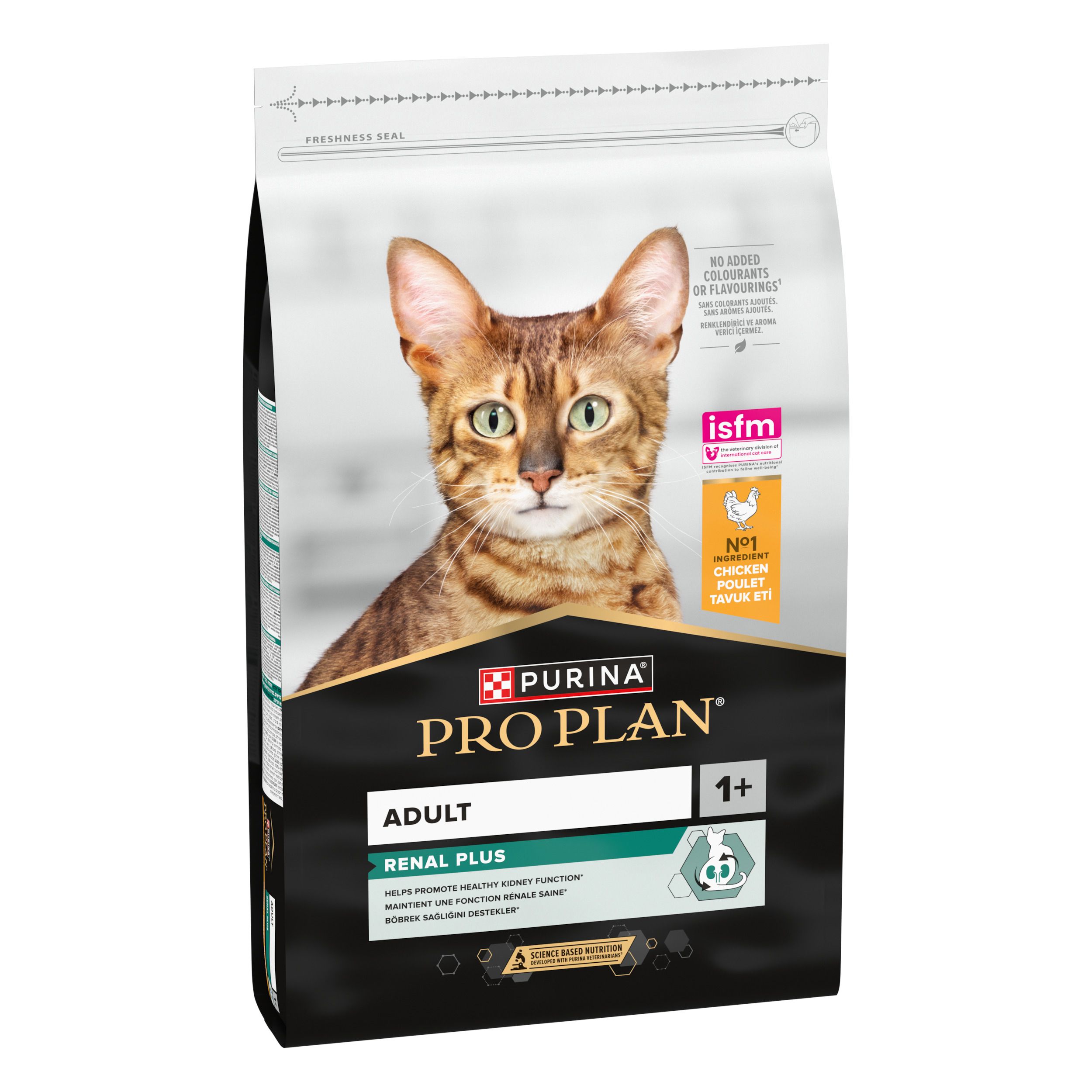 Zak kattenvoer. Purina Pro Plan Adult Renal Plus. Afbeelding van een kat. Met zegel.