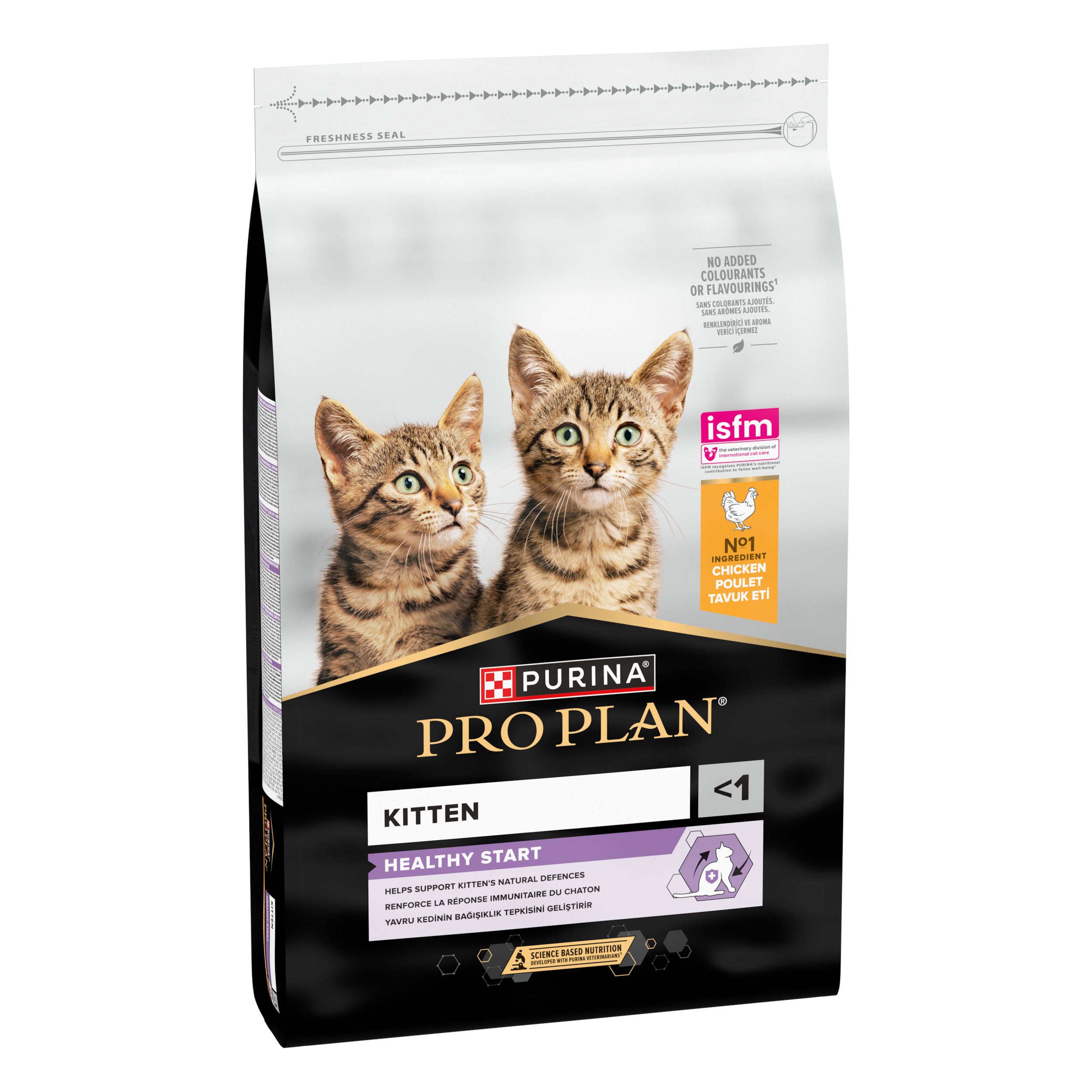 Sac de nourriture pour chatons. Deux chatons. Marque : Purina Pro Plan Kitten Healthy Start. Avec sceau.