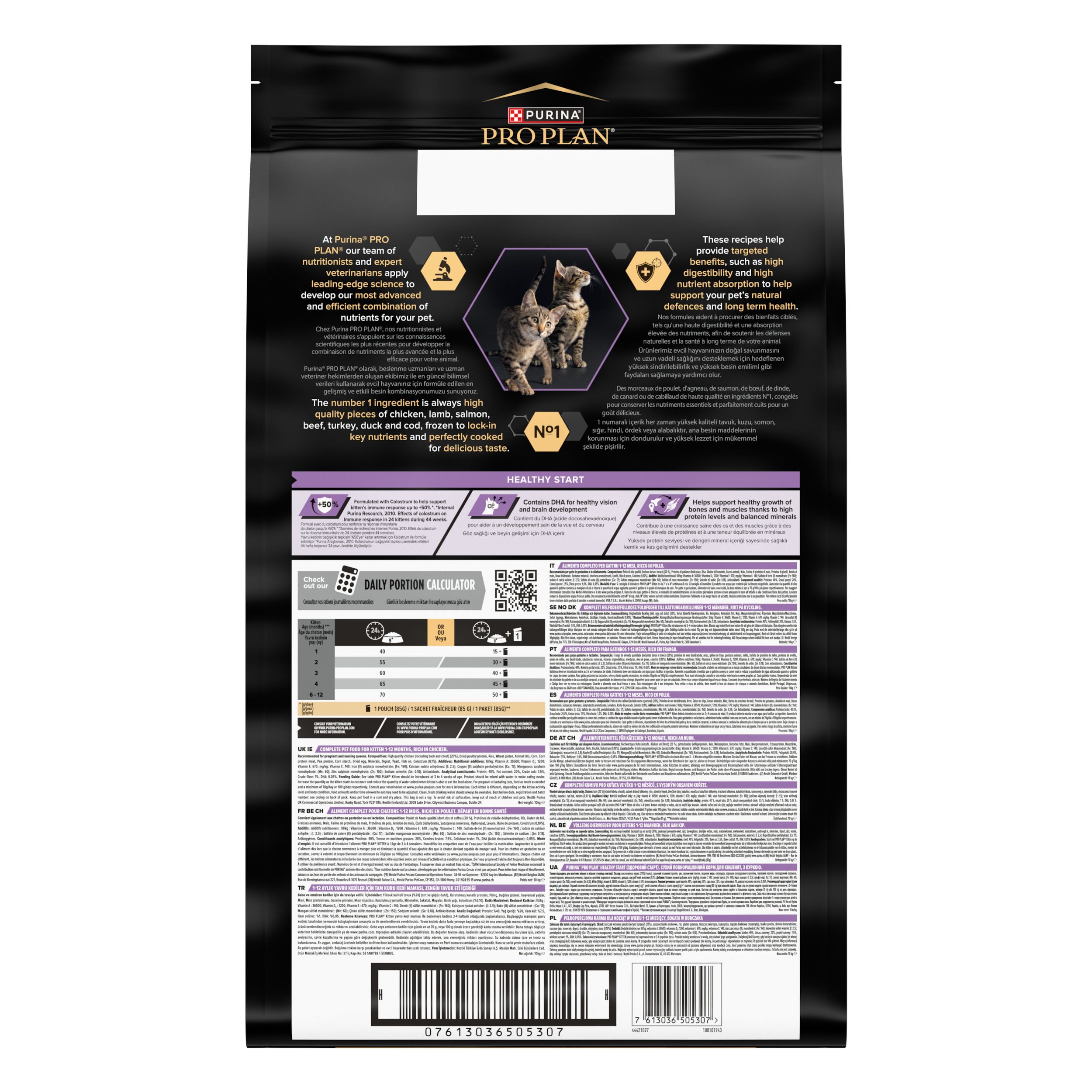 Sac de nourriture pour chatons. Deux chatons. Marque : Purina Pro Plan Kitten Healthy Start. Avec sceau.