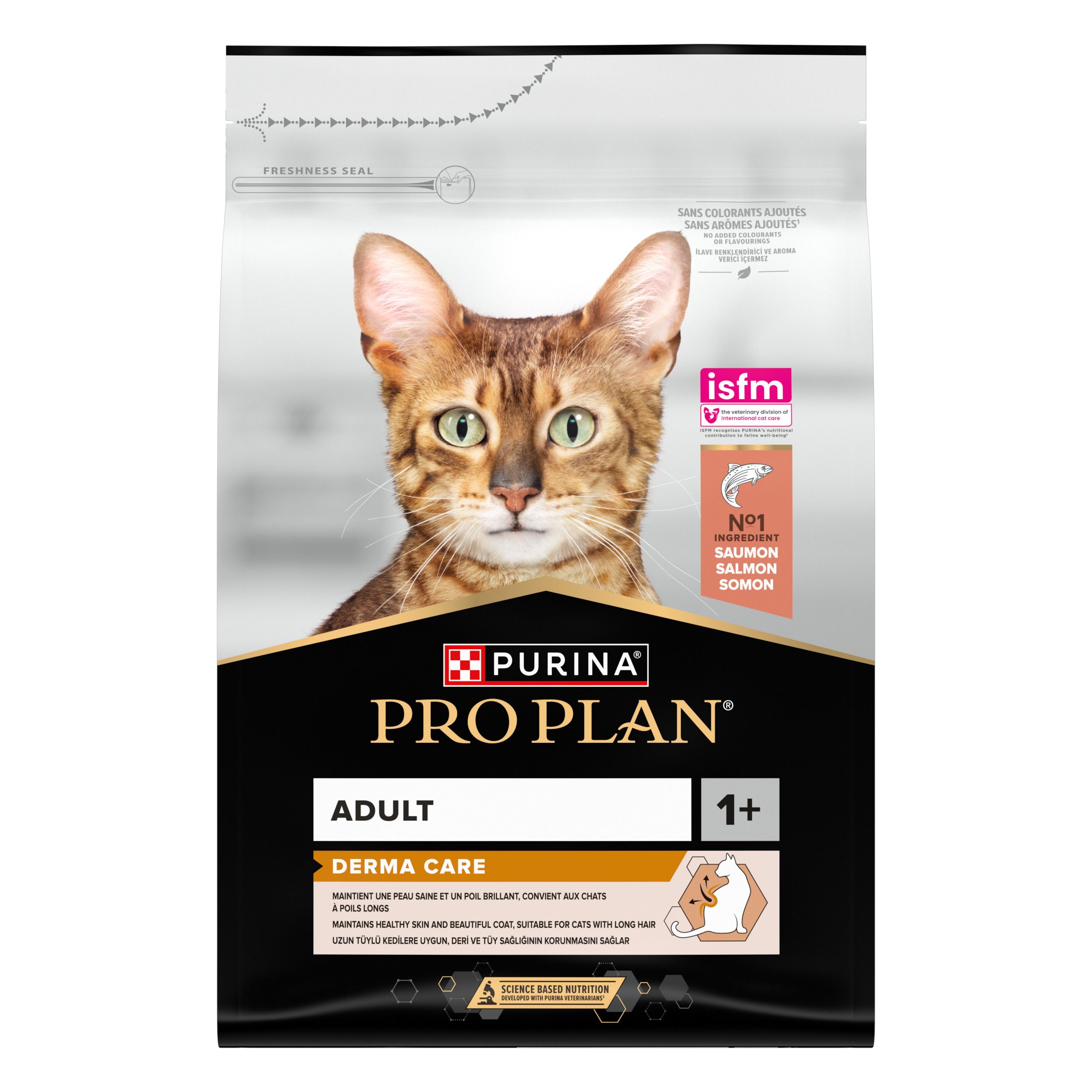 Pro Plan Adult Derma Care, nourriture pour chats. Sac avec image de chat. Contient du saumon. Certification ISFM.