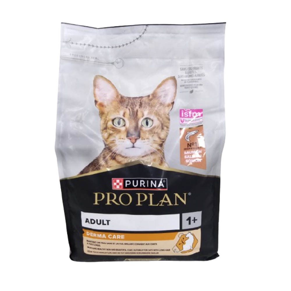 Pro Plan Adult Derma Care kattenvoer. Zak met kattenafbeelding. Bevat zalm. Met ISFM-certificering.